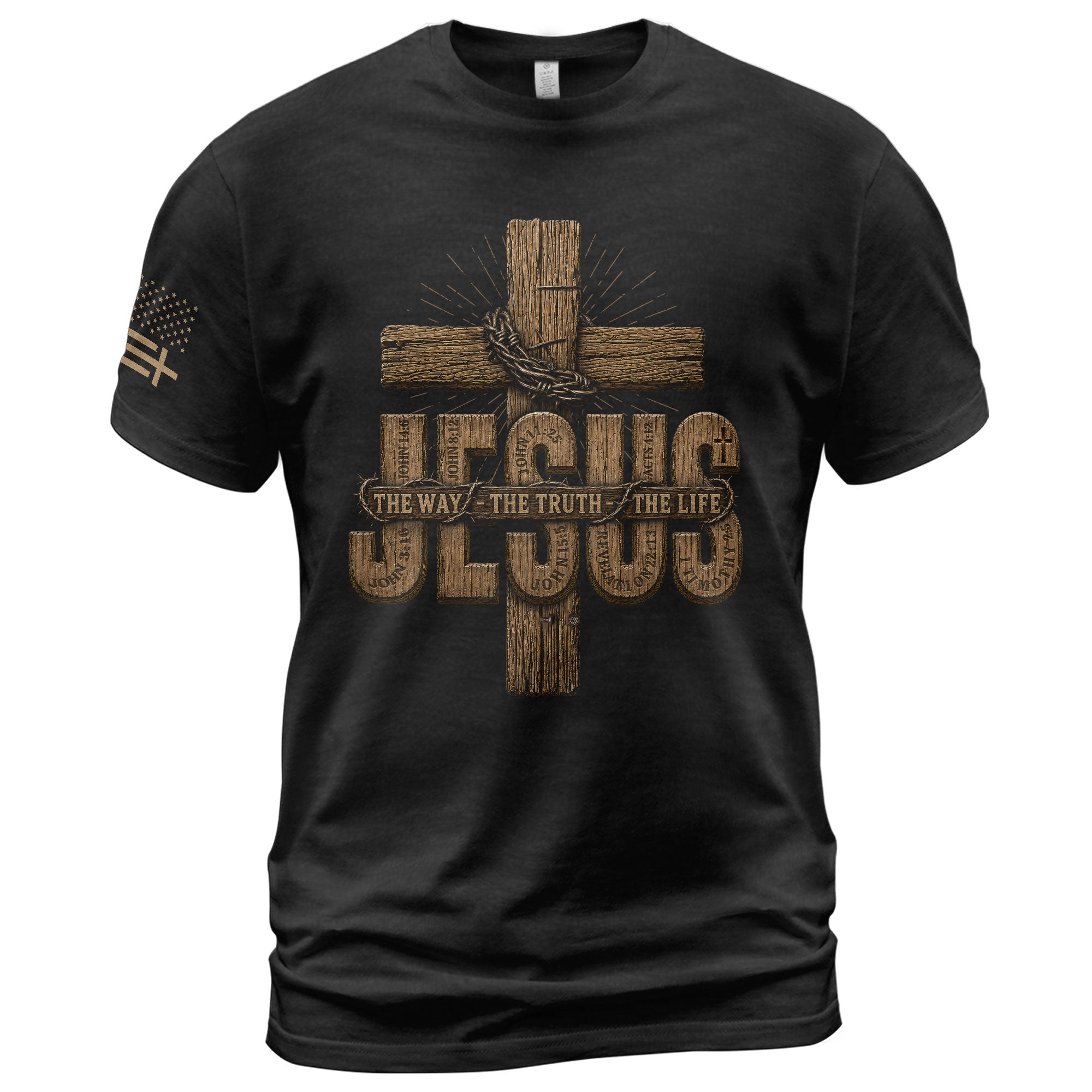 Jesus The Way The Truth The Life Wooden Cross Scripture Christian Graphic Tee Men