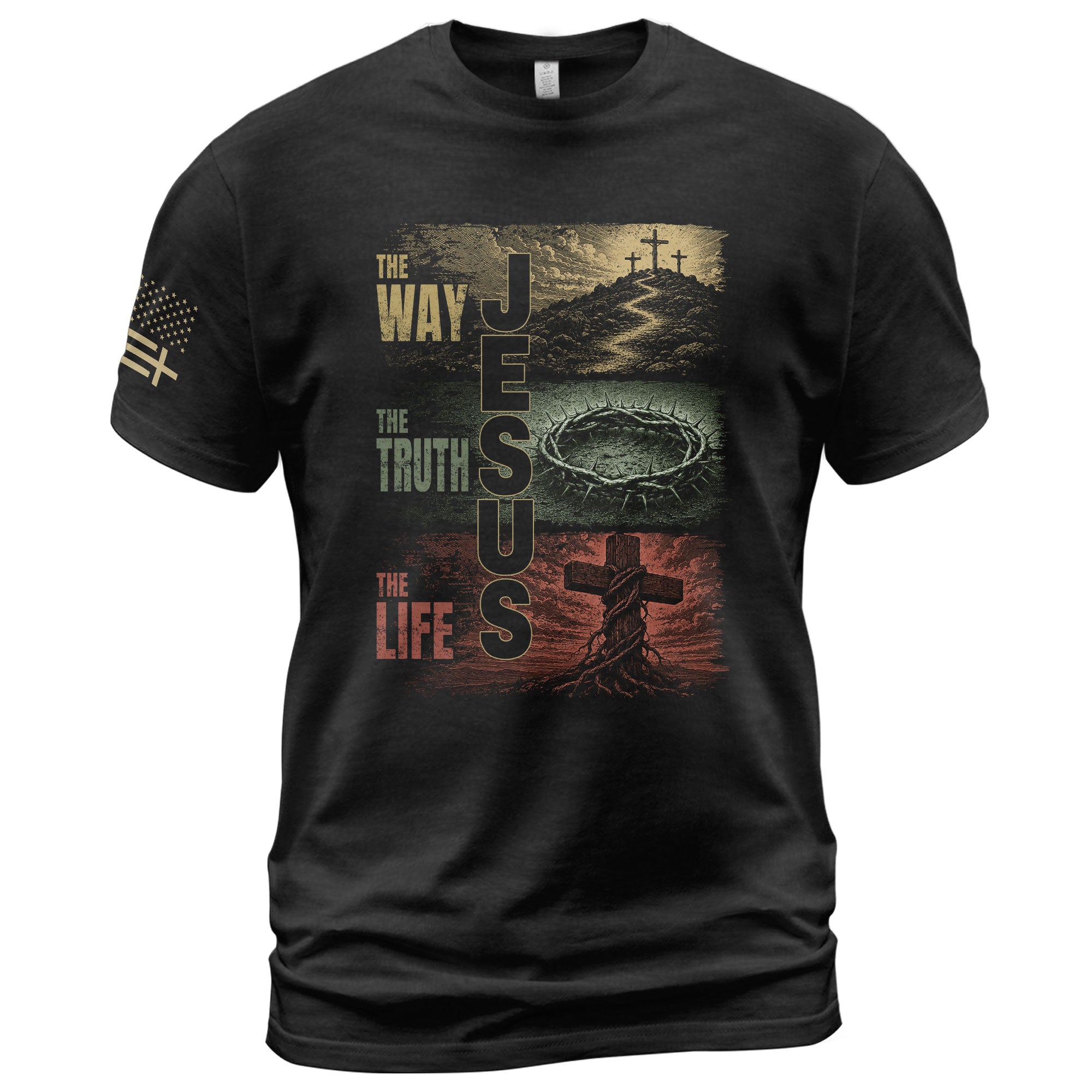 Jesus The Way The Truth The Life Calvary Cross Christian Graphic Crewneck Tee Men