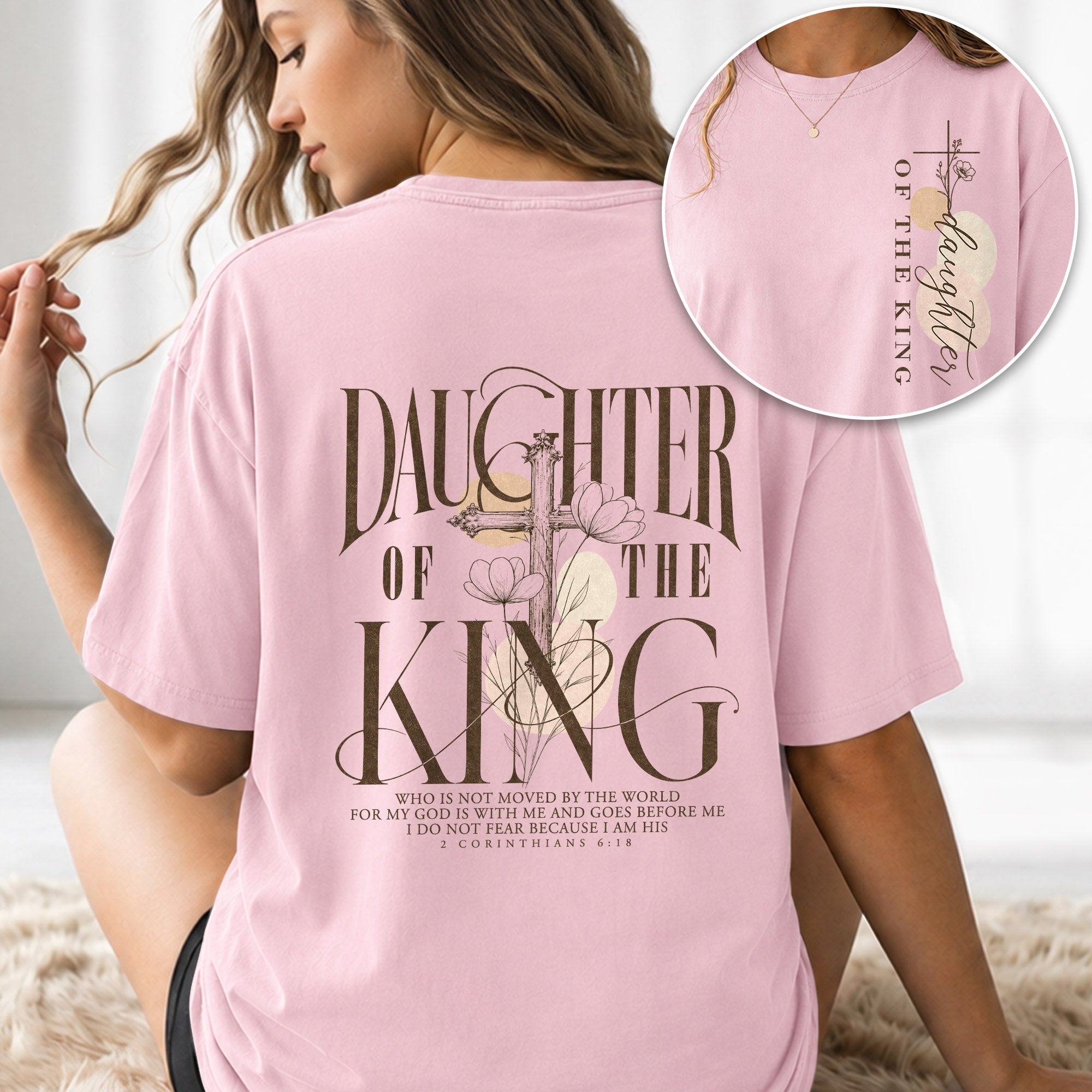 Daughter Of The King Cross Floral Christian Graphic Everyday Tee Shirt For Women
