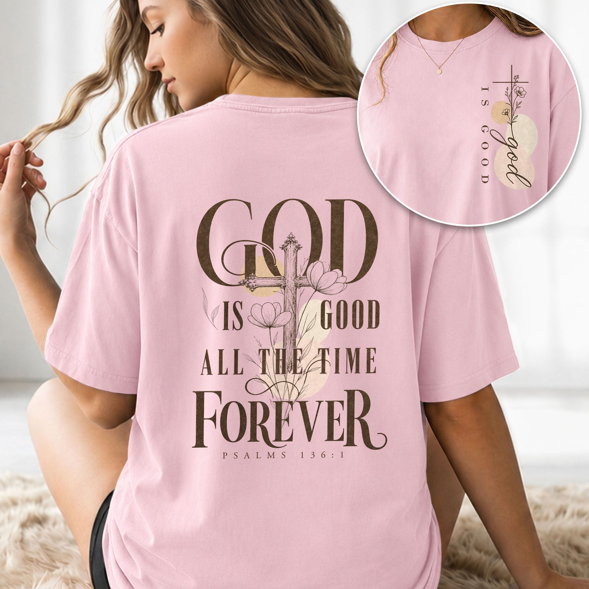 God Is Good Shirt Women Floral Cross Christian T-Shirt Faith Psalms 136 Scripture Tee