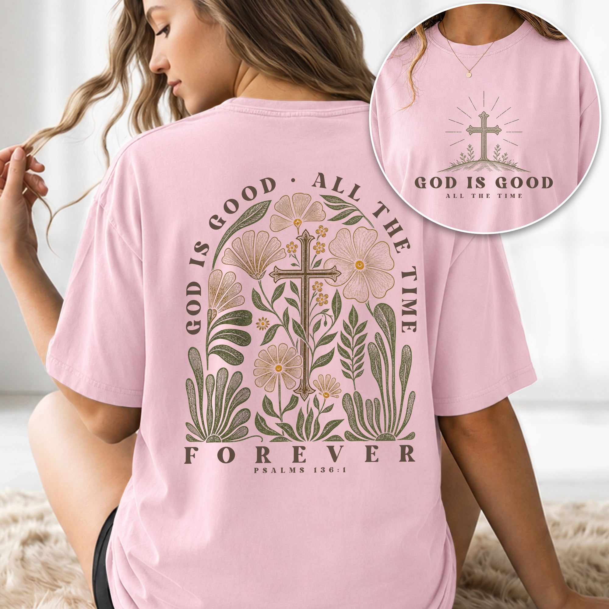 God Is Good Shirt Women Christian T-Shirt Floral Cross Faith Psalms Scripture Graphic Tee