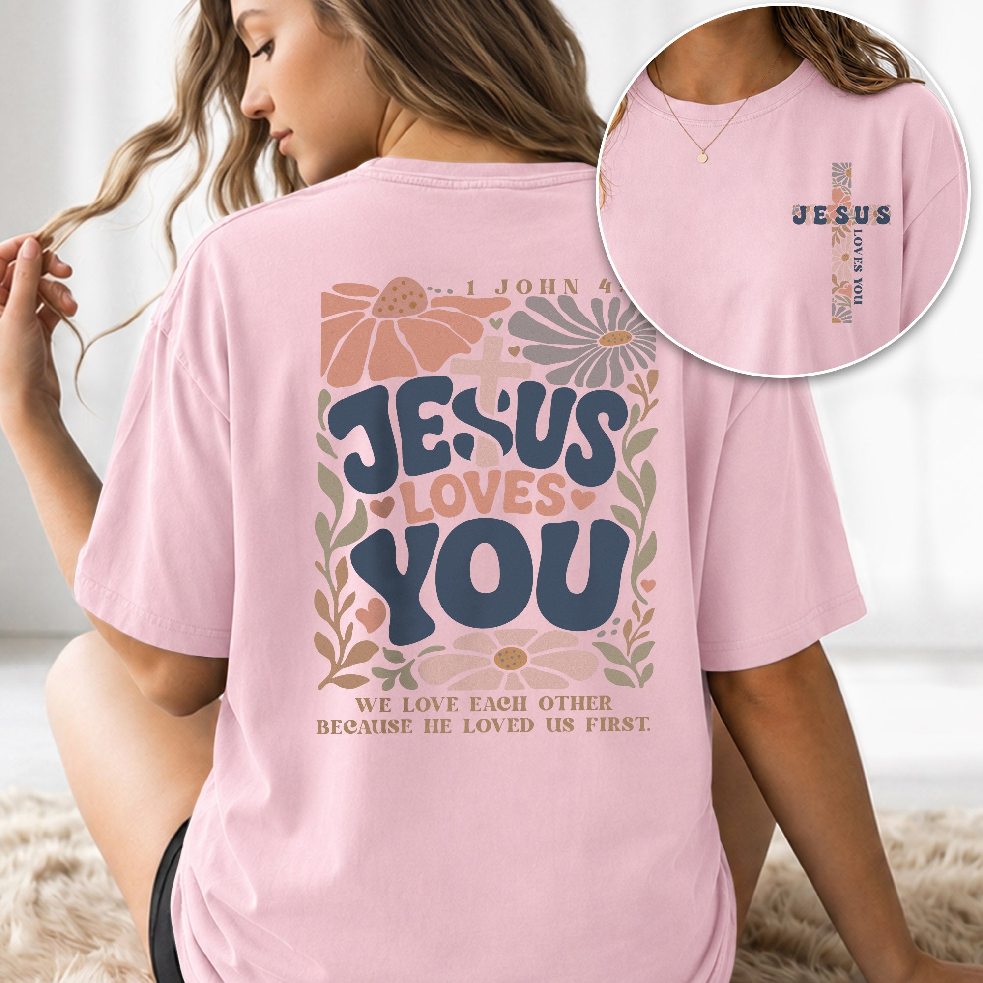 Jesus Loves You Retro Floral Cross Christian Graphic Casual Basic Tee Shirt Women