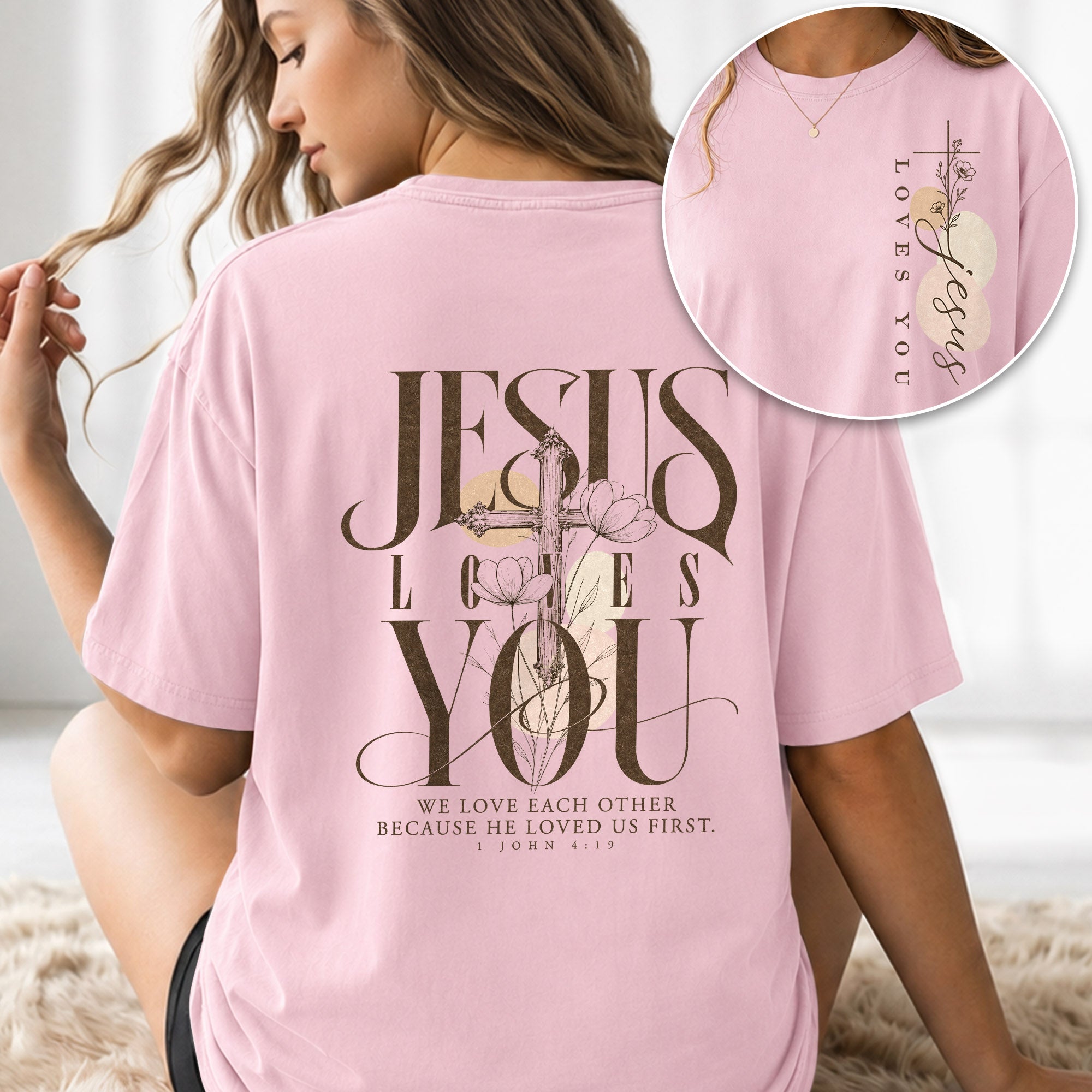 Jesus Loves You Cross Floral Christian Graphic Everyday Tee Shirt For Women Apparel