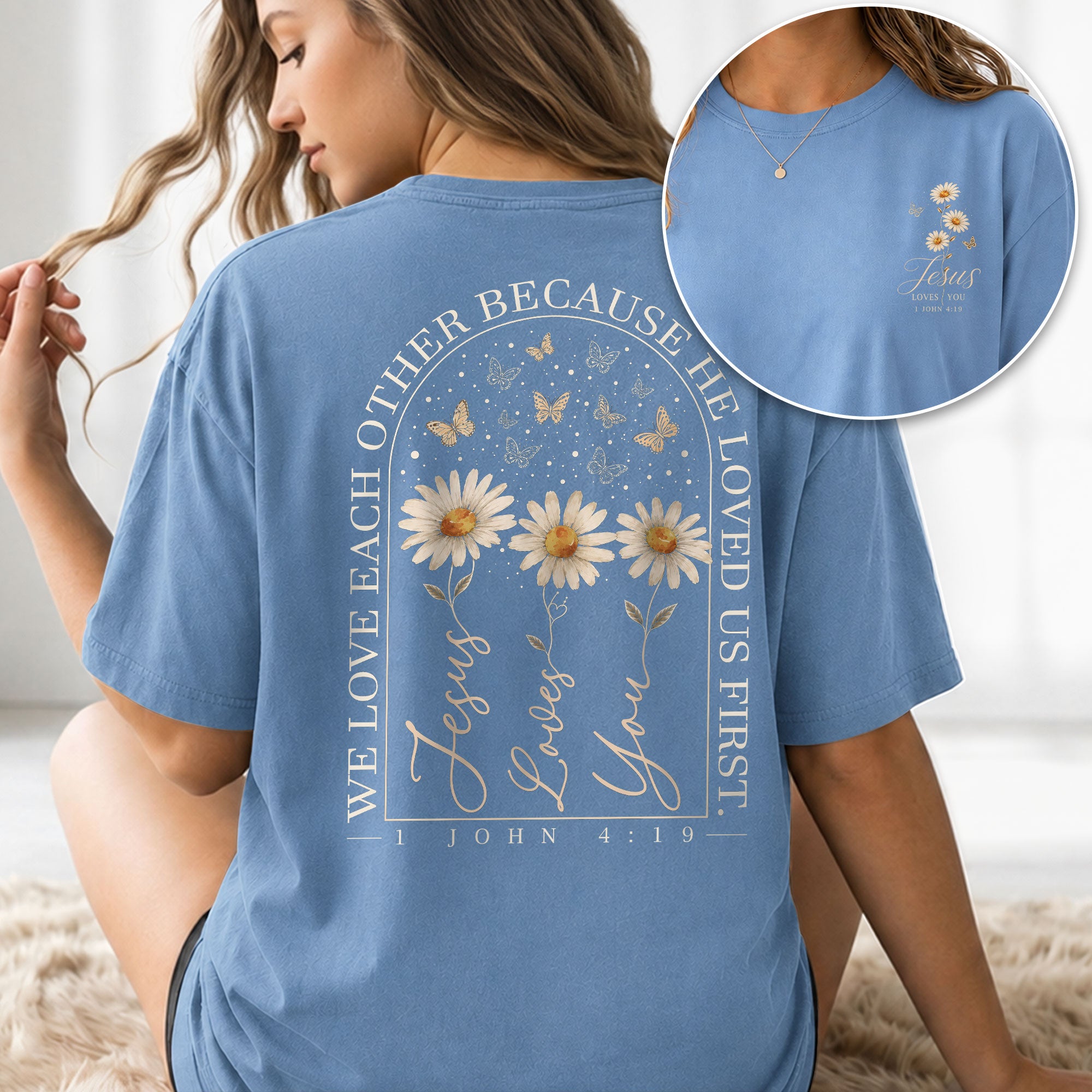Jesus Loves You Daisy Butterfly Floral Christian Graphic Casual Basic Tee Shirt Women