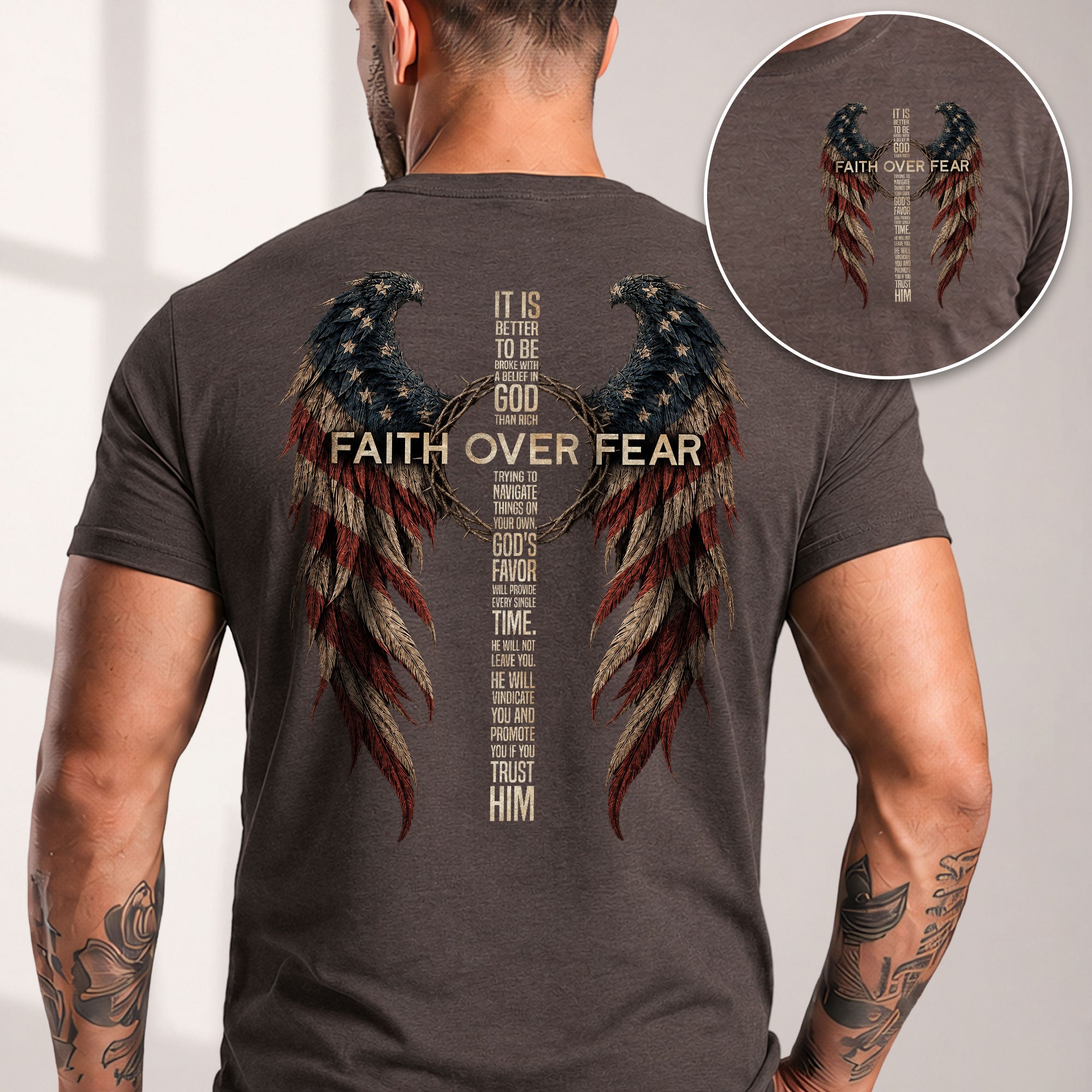 Faith Over Fear Christian Shirt Patriotic American Flag Angel Wings Cross T-Shirt Tee - Rust Field Wear