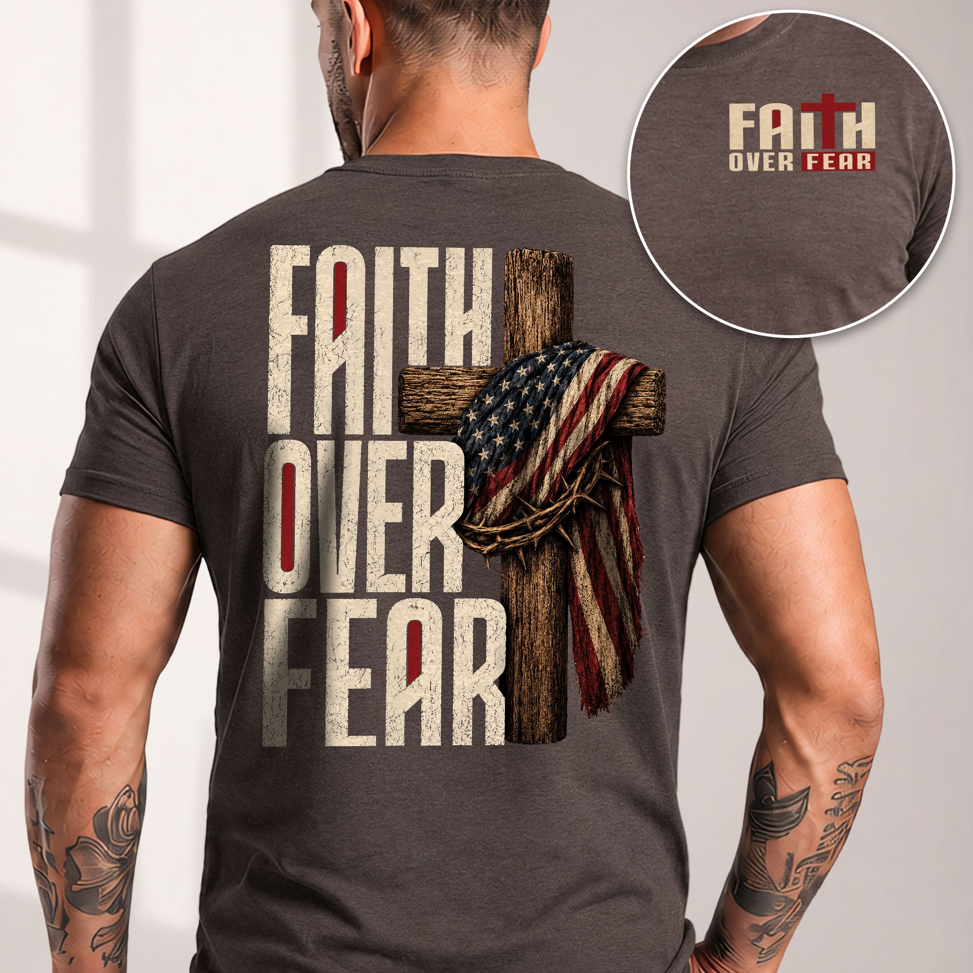 Faith Over Fear Christian Shirt Patriotic Cross American Flag Religious Graphic Tee - Rust Field Wear