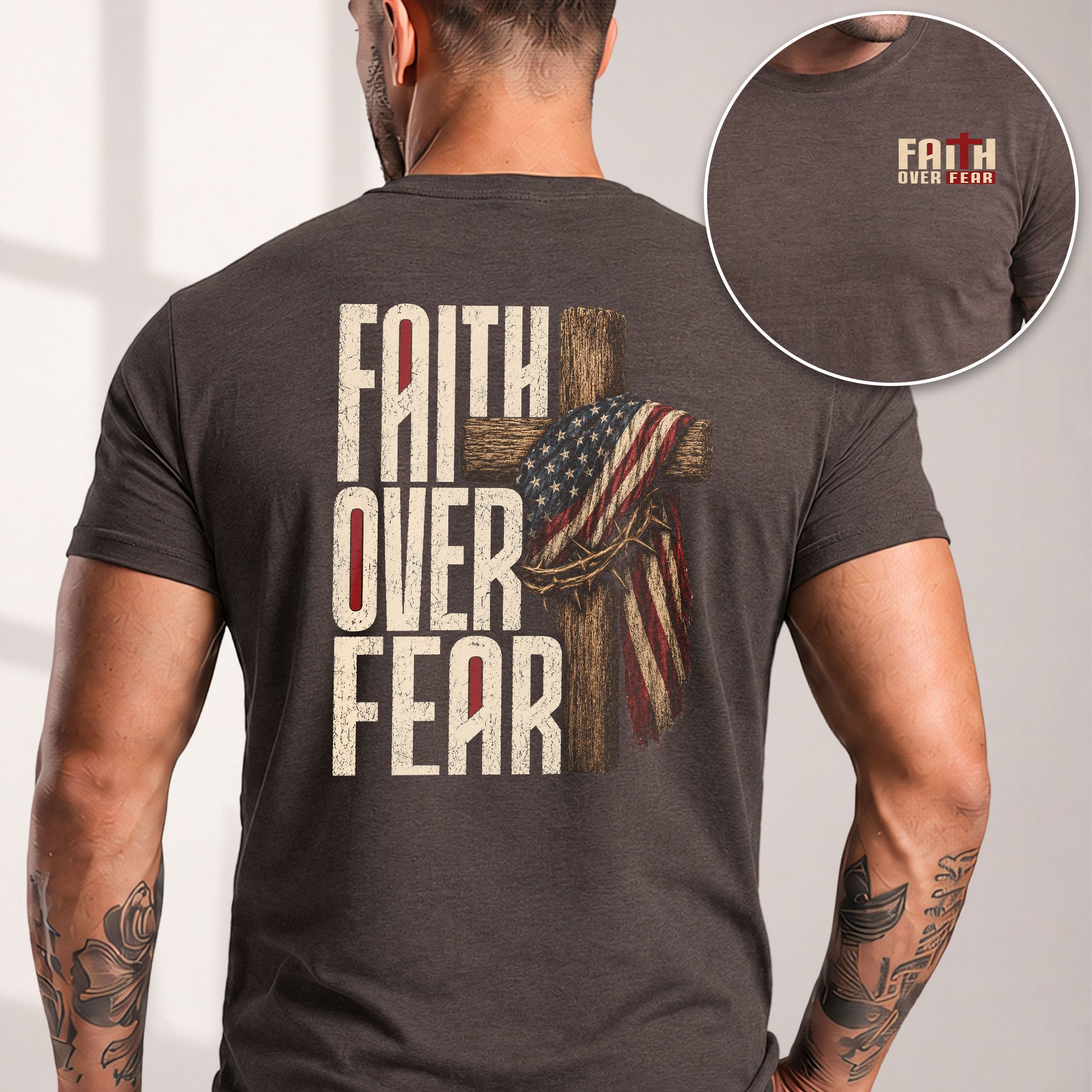 Faith Over Fear Christian Shirt Patriotic Cross American Flag Religious Graphic Tee