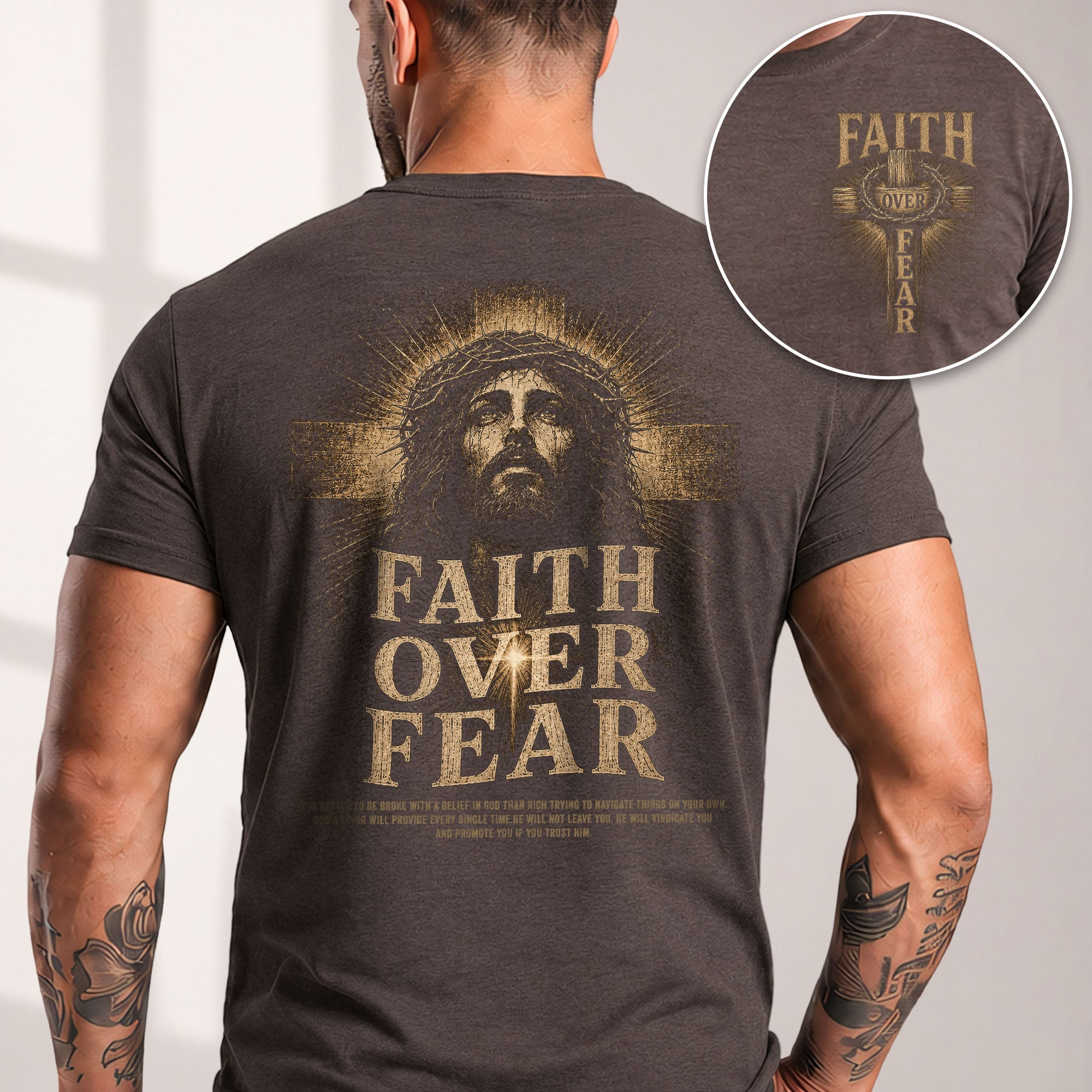 Inspirational Christian T-Shirt Faith Over Fear Jesus Portrait Casual Cotton Top
