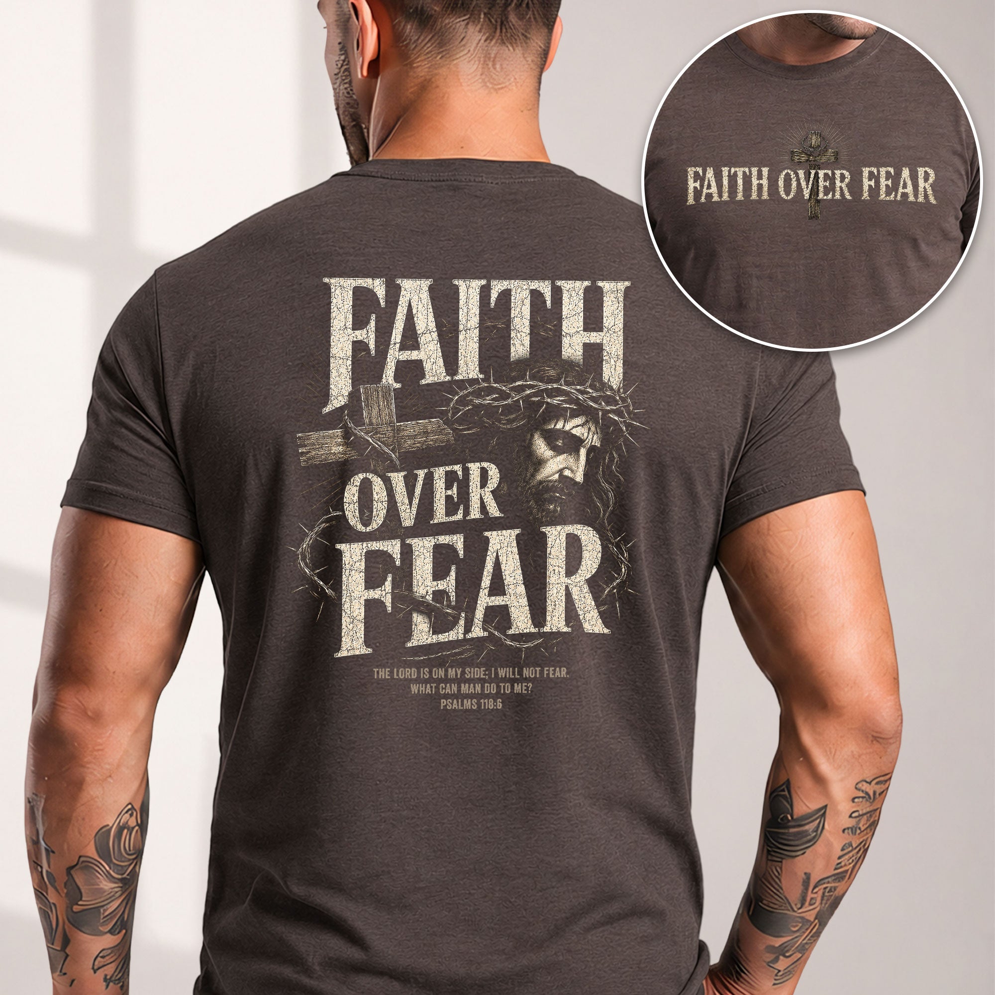 Inspirational Christian T-Shirt Faith Over Fear Jesus Cross Casual Cotton Shirt - Rust Field Wear