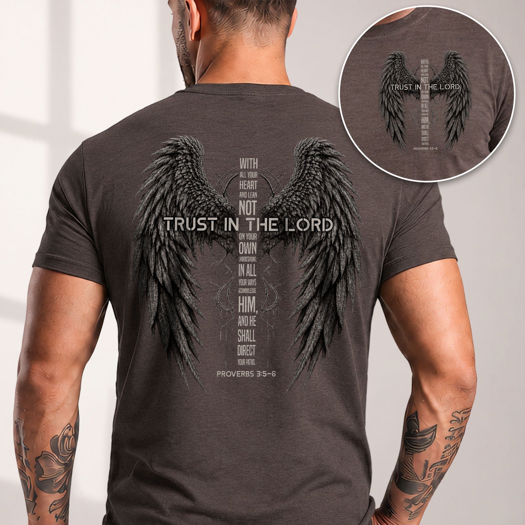 Trust In The Lord T Shirt Christian Bible Verse Angel Wings Faith Tee Apparel Top - Rust Field Wear