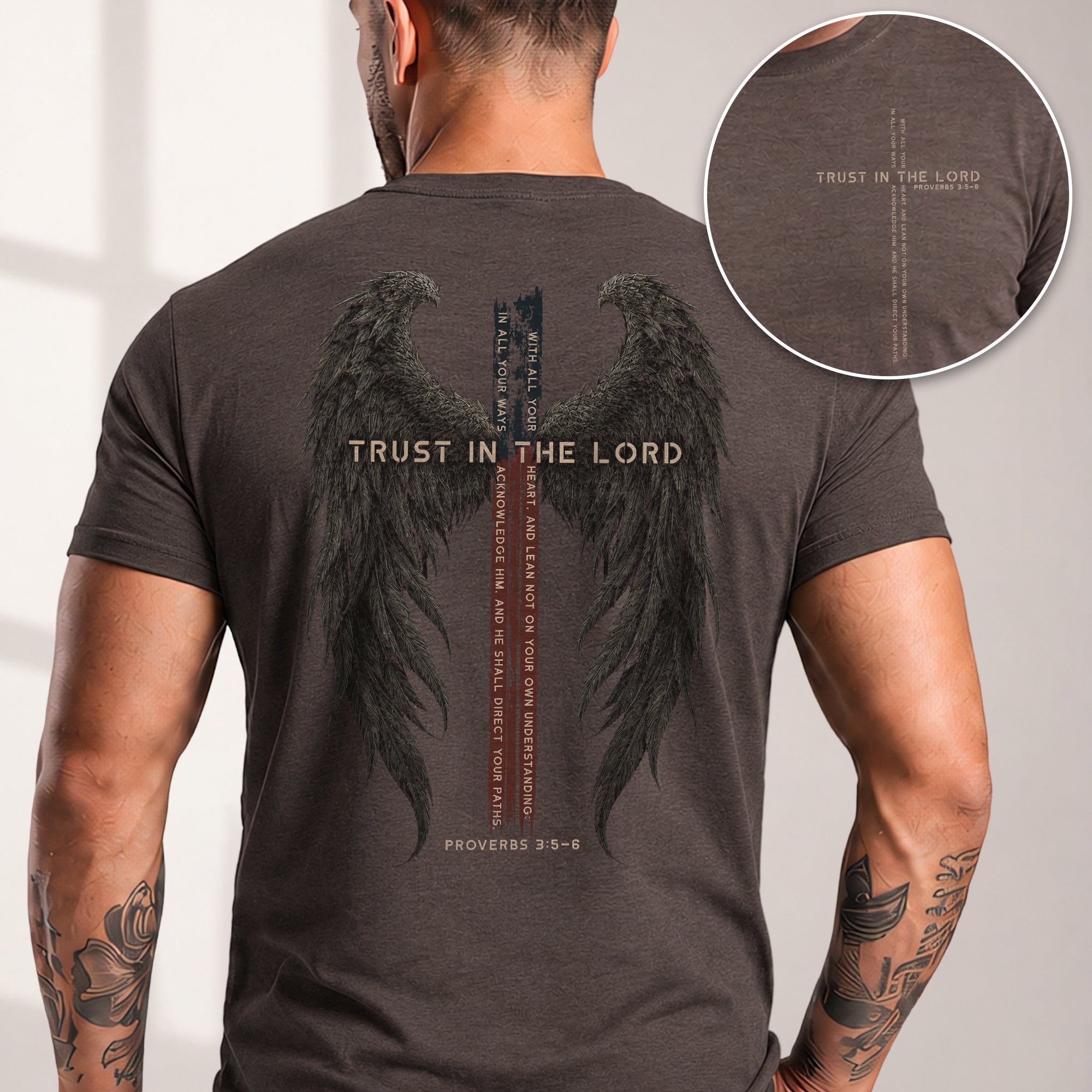 Trust In The Lord Shirt Christian Cross Wings Proverbs 3 5 6 Bible Verse Graphic Tee - Rust Field Wear