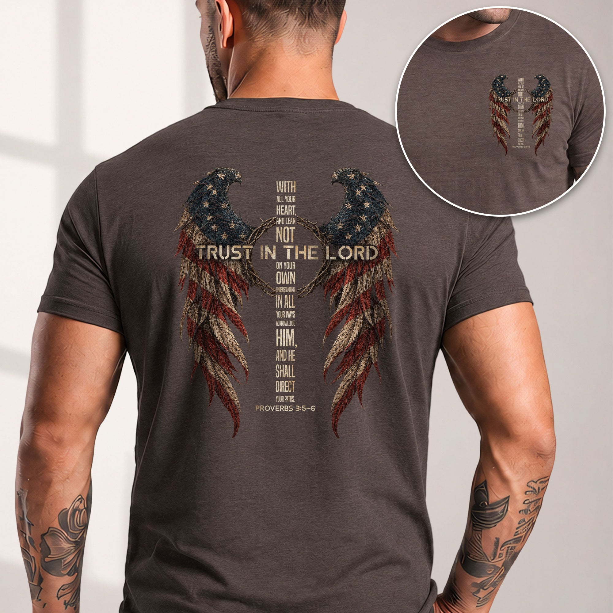Trust In The Lord Shirt Faith Christian Cross US Flag Wings Proverbs 3 5 6 Graphic Tee