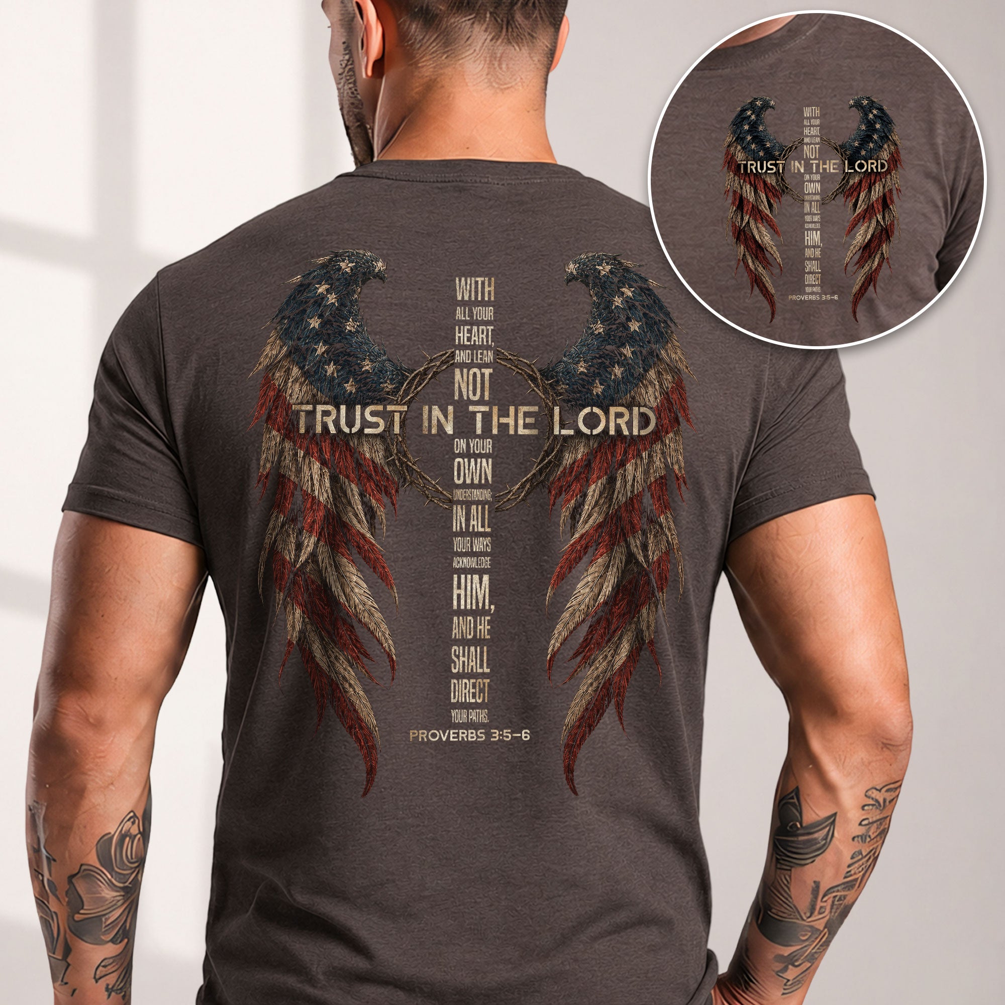 Trust In The Lord Shirt Faith Christian Cross US Flag Wings Proverbs 3 5 6 Graphic Tee - Rust Field Wear