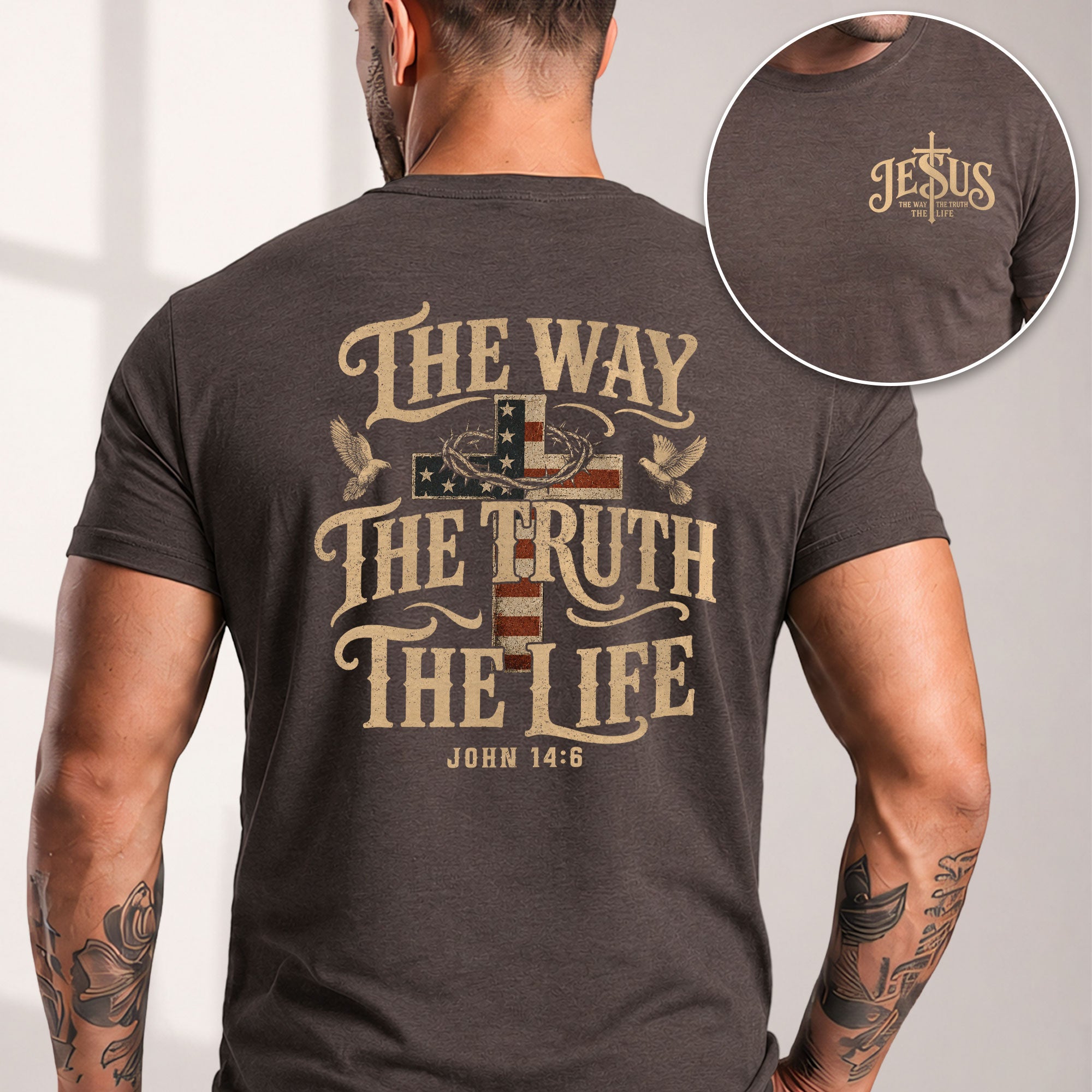 The Way The Truth The Life John American Flag Cross Crown Of Thorns Graphic T Shirt Men