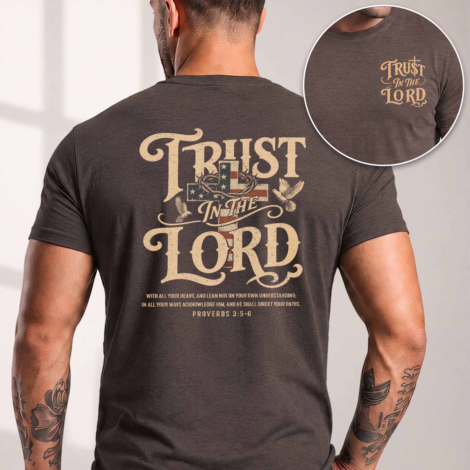 Trust In The Lord Proverbs American Flag Cross Doves Christian Graphic T Shirt Men