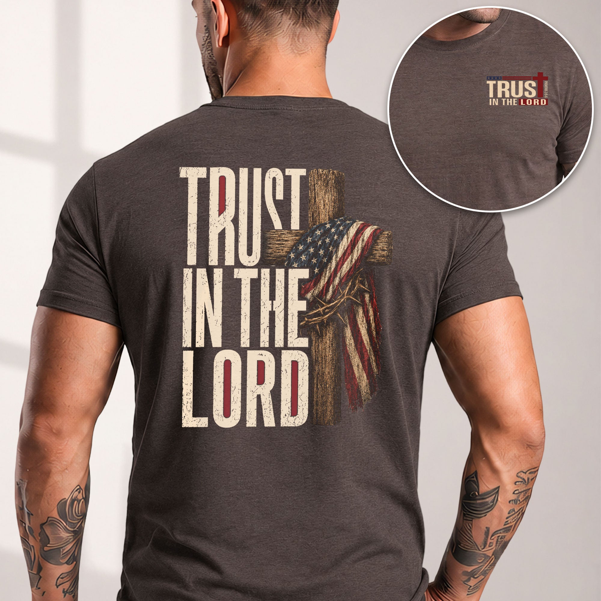 Trust In The Lord American Flag Cross Crown Of Thorns Christian Graphic T Shirt Men