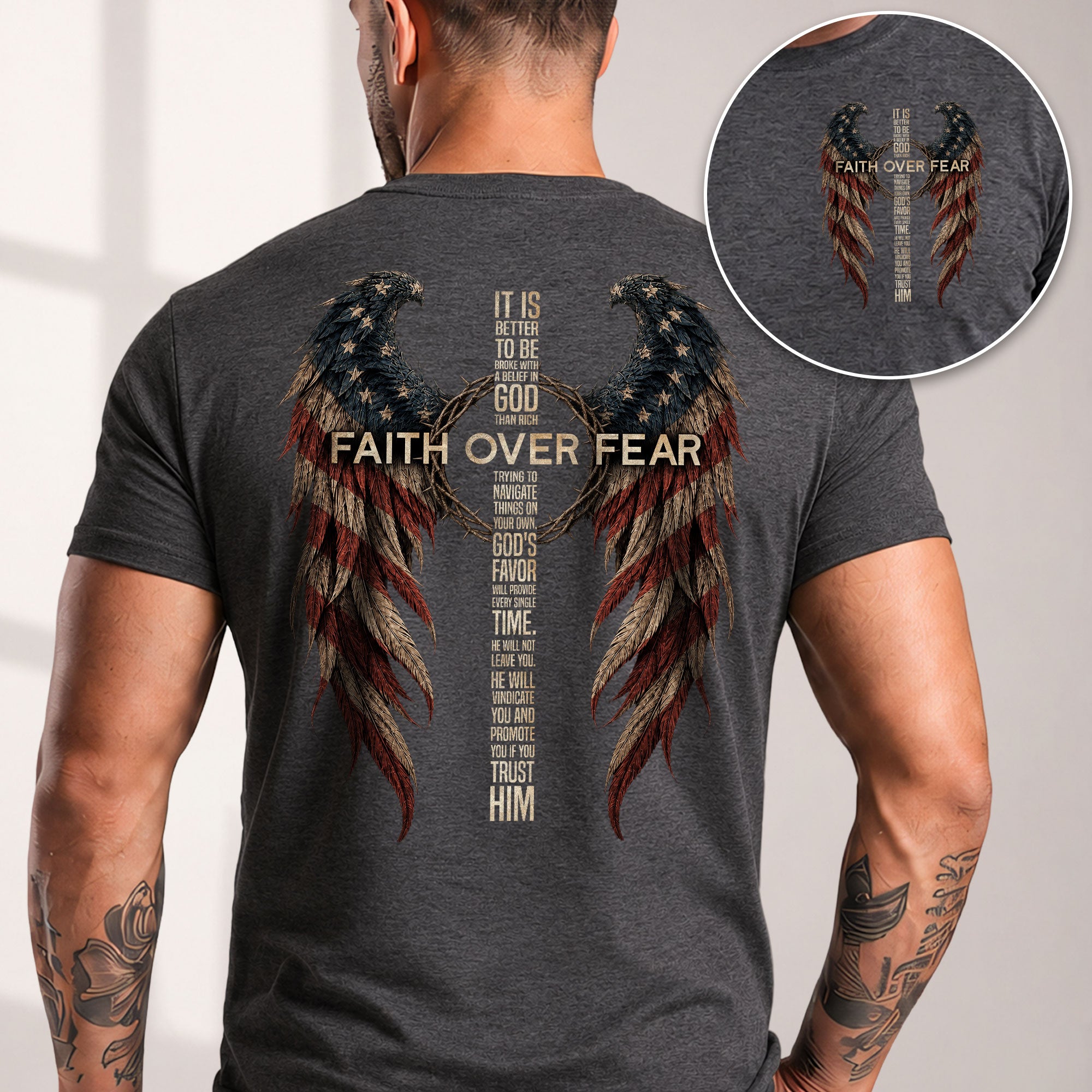 Faith Over Fear Christian Shirt Patriotic American Flag Angel Wings Cross T-Shirt Tee - Rust Field Wear
