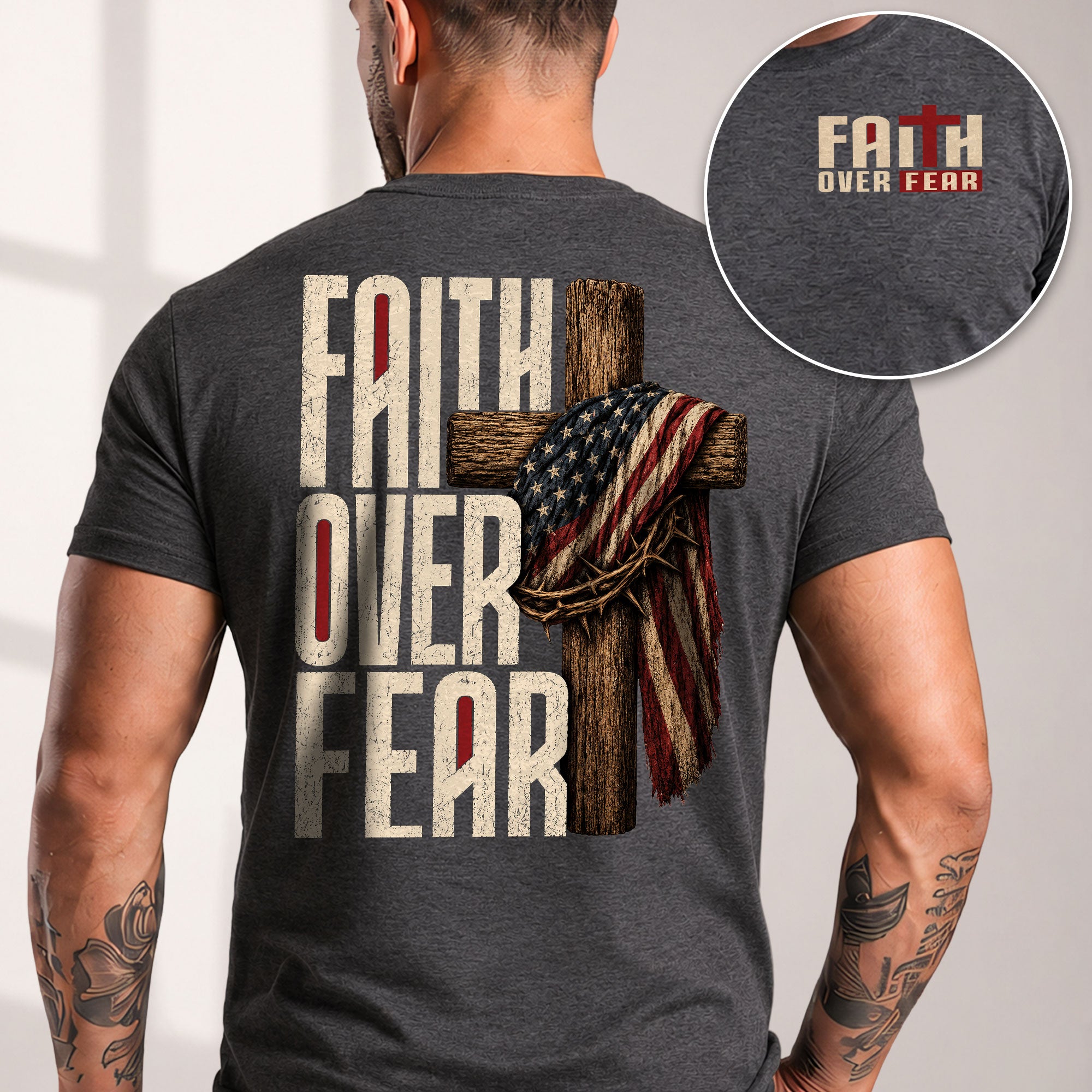 Faith Over Fear Christian Shirt Patriotic Cross American Flag Religious Graphic Tee - Rust Field Wear