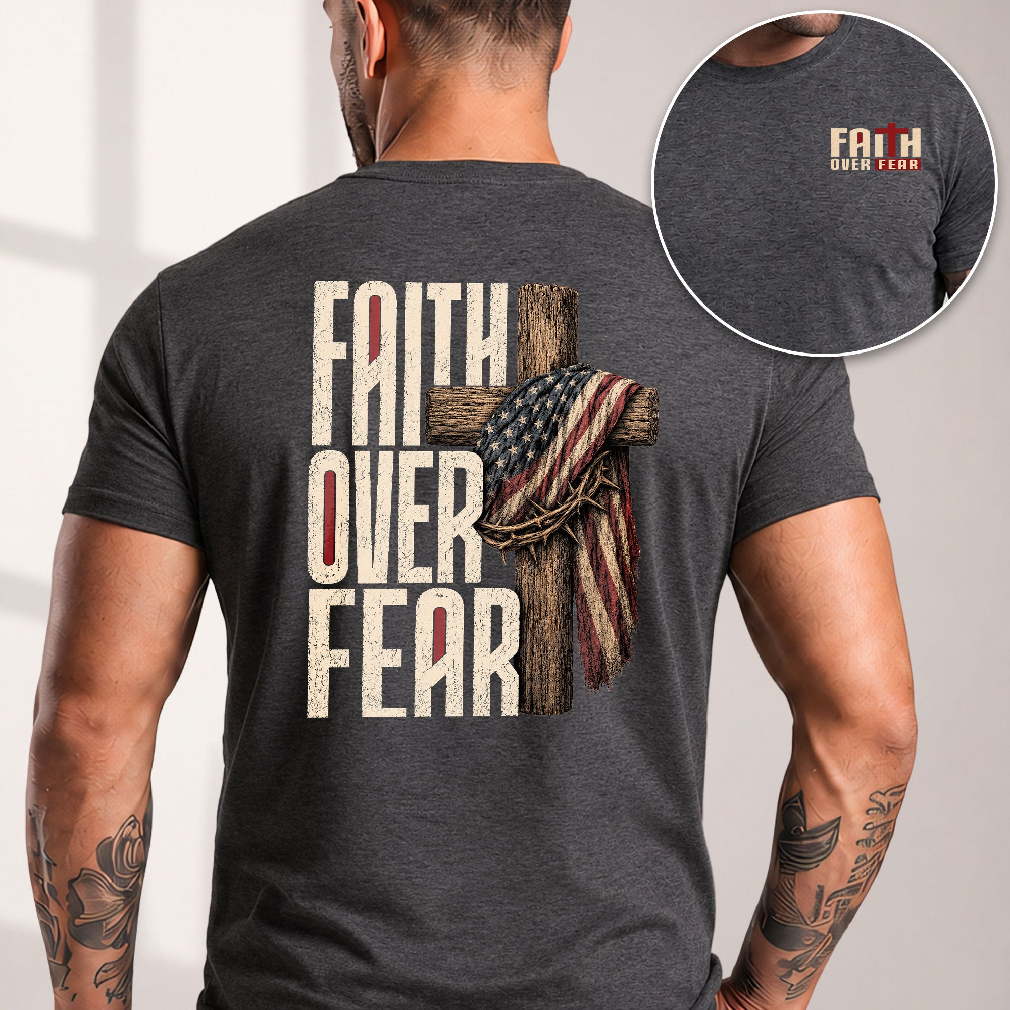 Faith Over Fear Christian Shirt Patriotic Cross American Flag Religious Graphic Tee