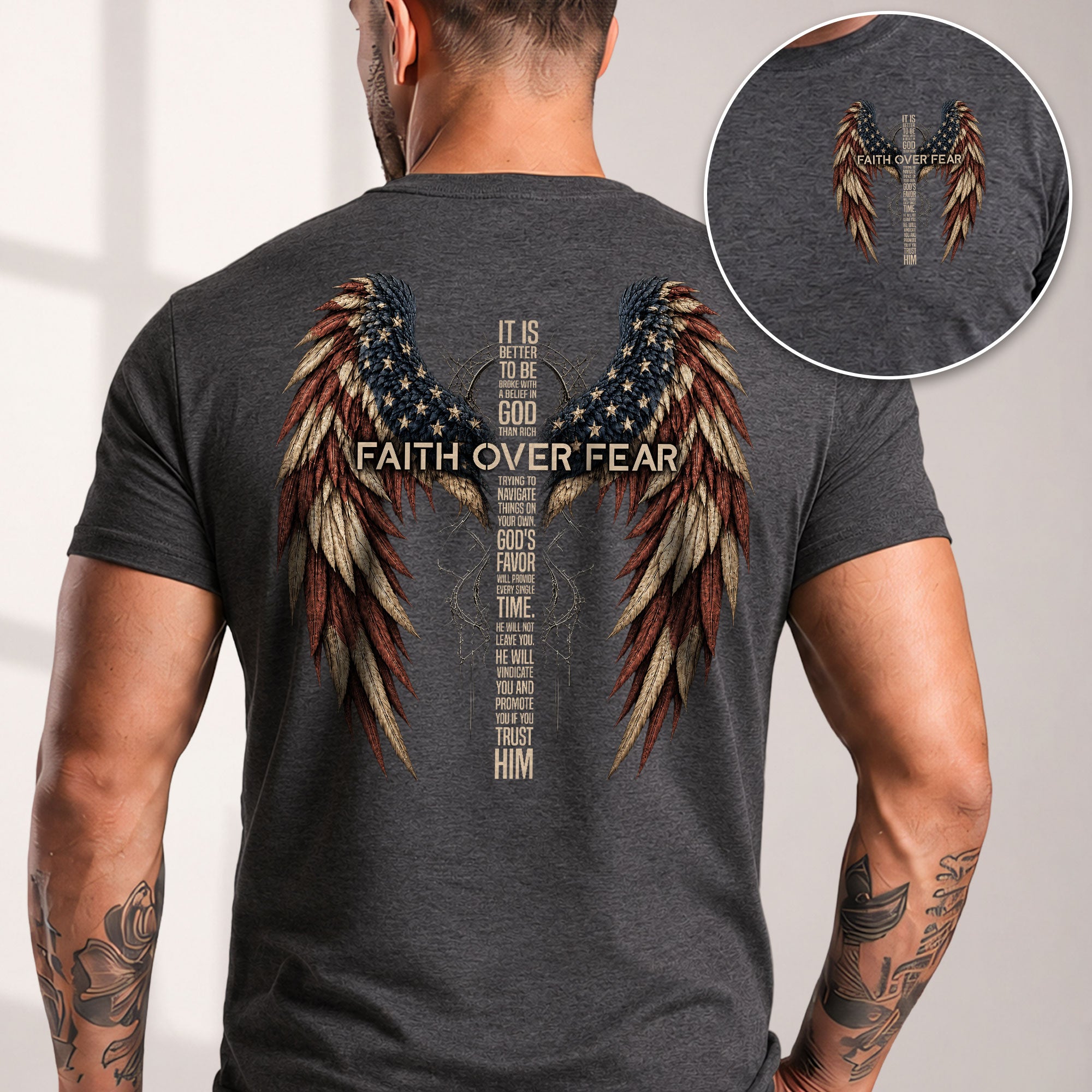 Faith Over Fear Christian T-Shirt Cross Wings Graphic Religious Shirt for Men Women - Rust Field Wear