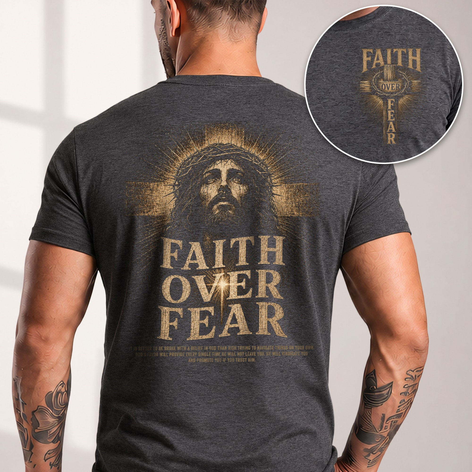 Inspirational Christian T-Shirt Faith Over Fear Jesus Portrait Casual Cotton Top