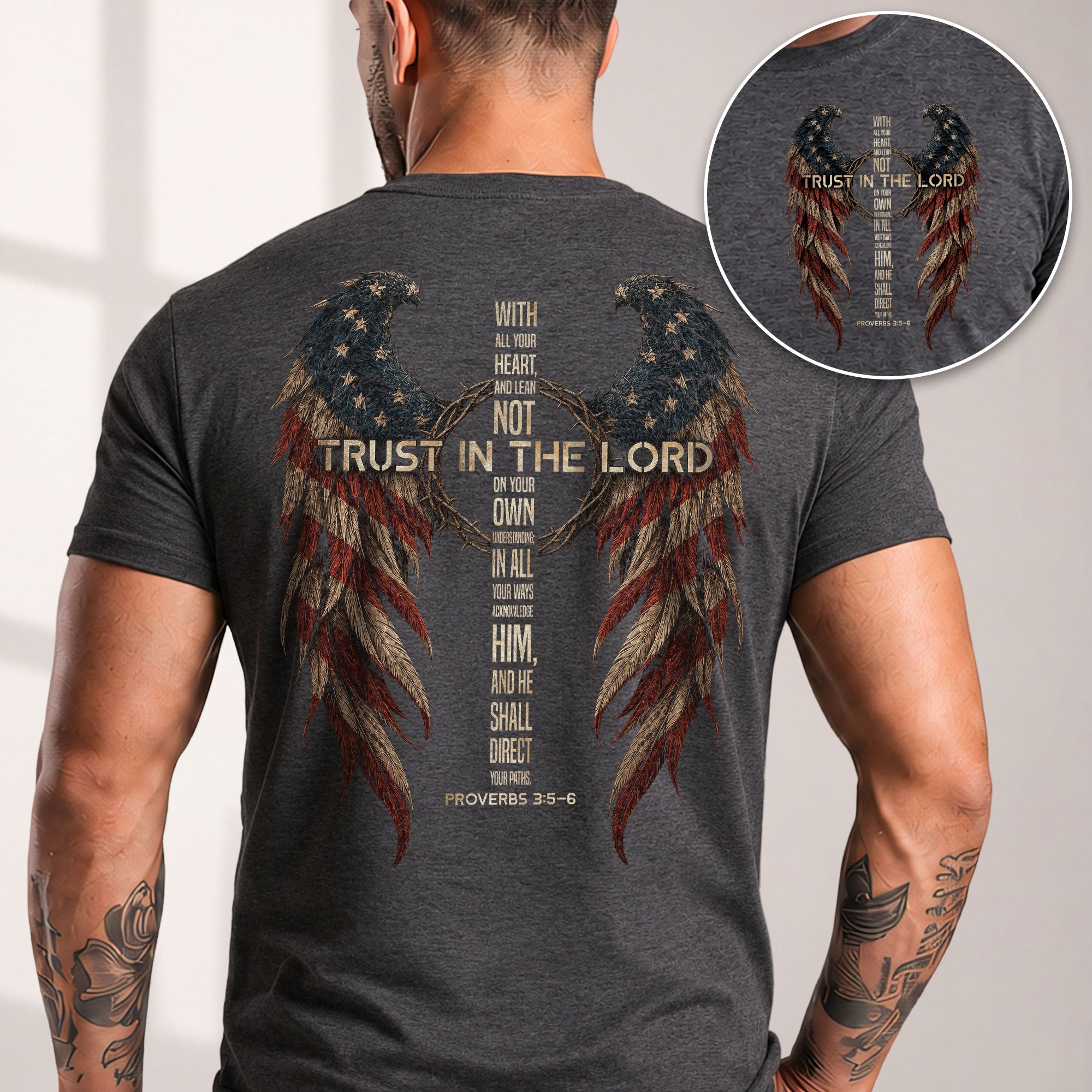 Trust In The Lord Shirt Faith Christian Cross US Flag Wings Proverbs 3 5 6 Graphic Tee - Rust Field Wear