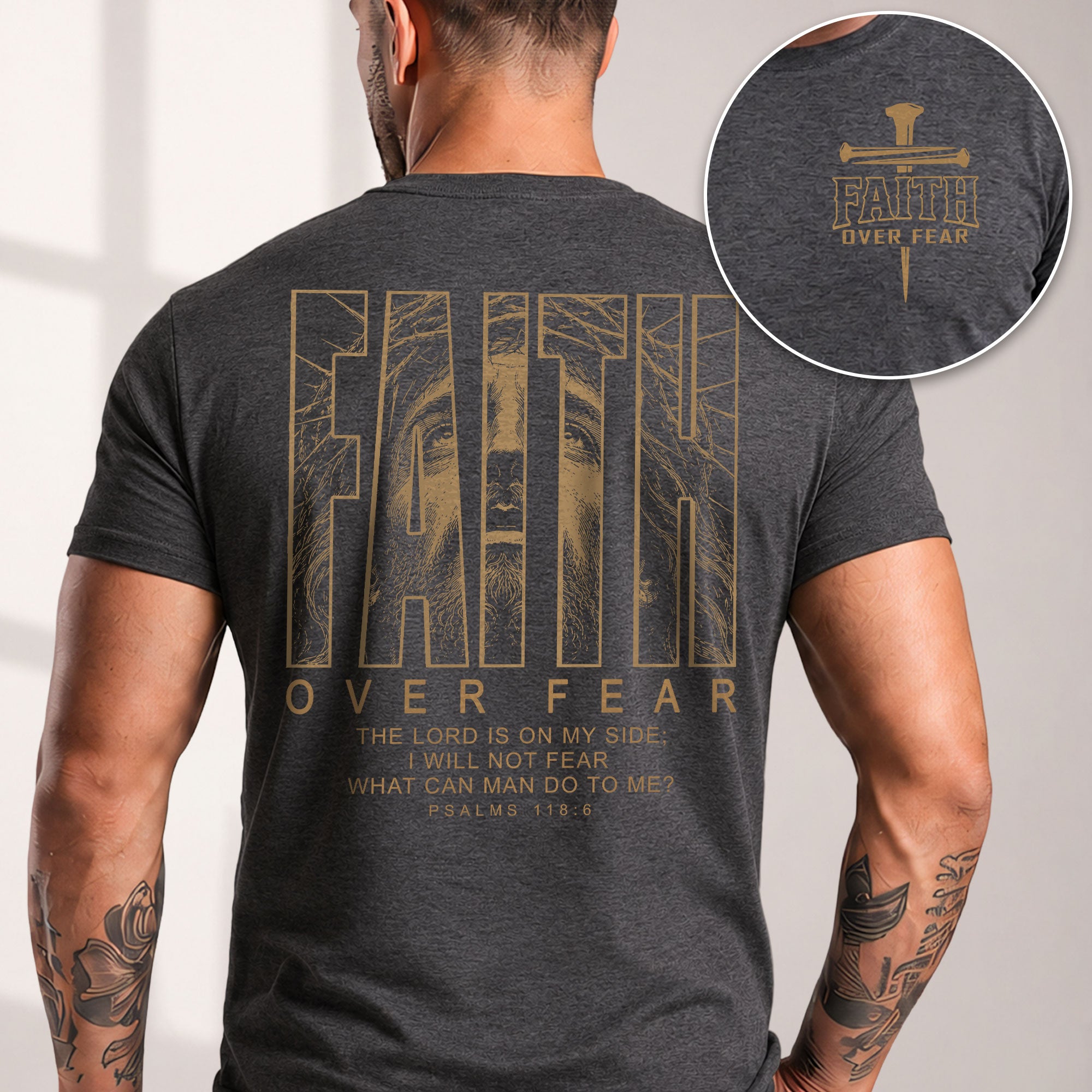 Faith Over Fear Psalms 118 6 Portrait Graphic Christian T Shirt Apparel Men Clothing - Rust Field Wear