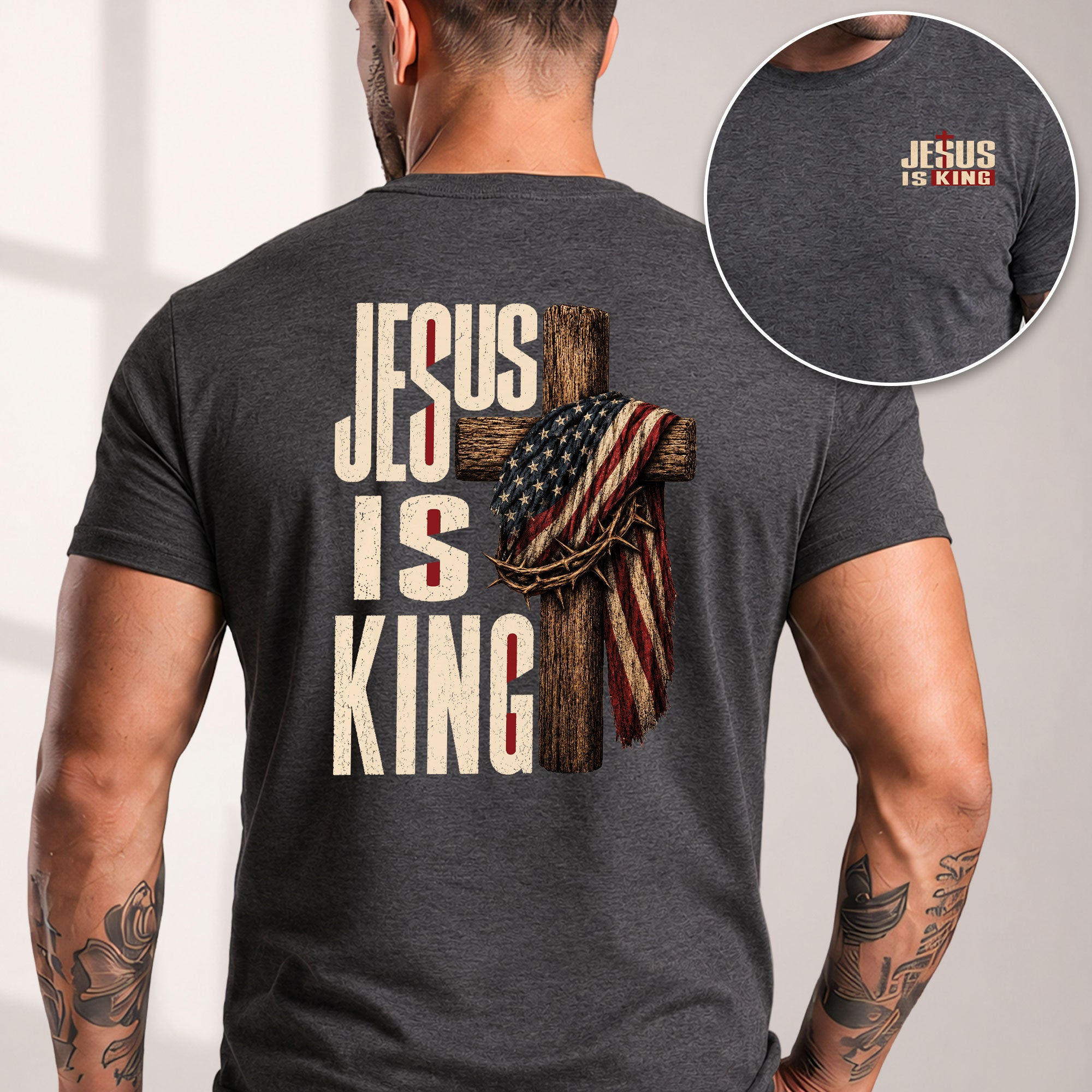 Jesus Is King Shirt Patriotic Christian Men Shirt Wooden Cross American Flag Crown Of Thorns