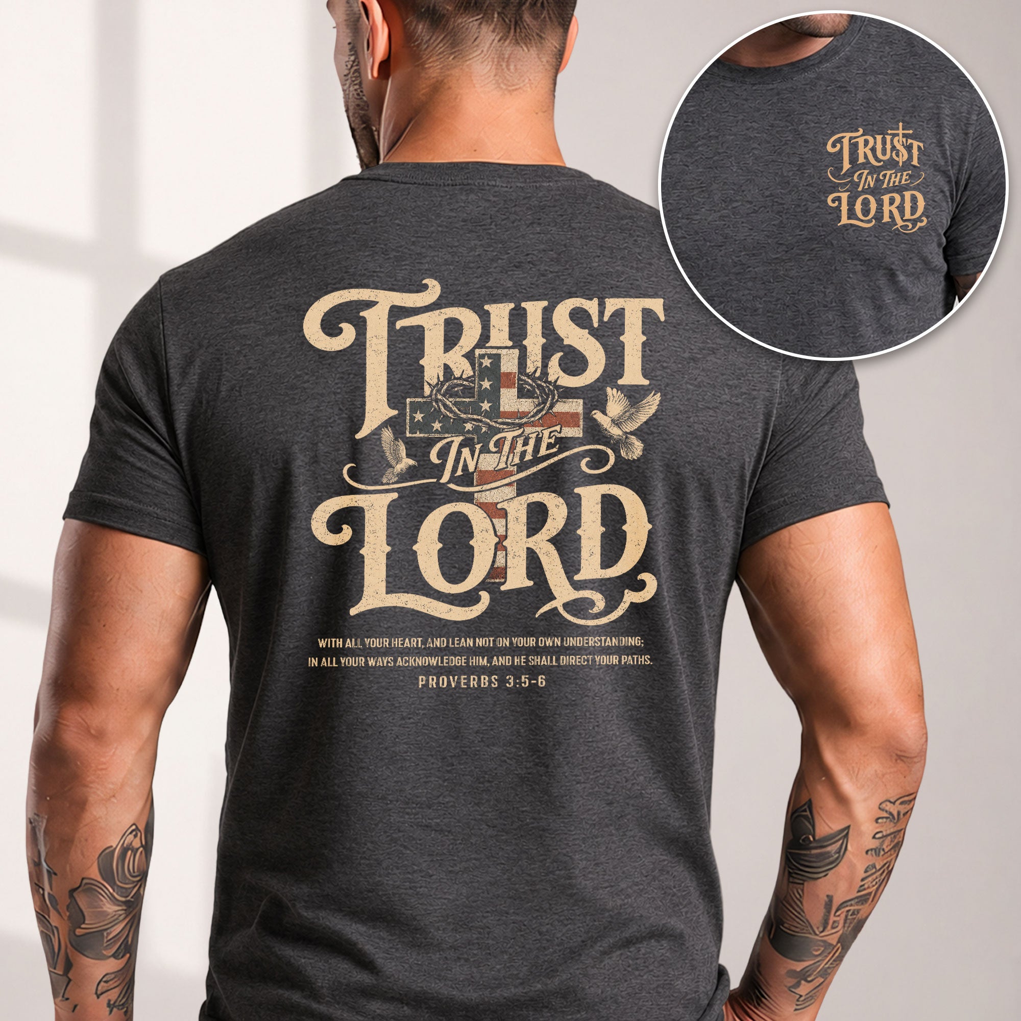 Trust In The Lord Proverbs American Flag Cross Doves Christian Graphic T Shirt Men