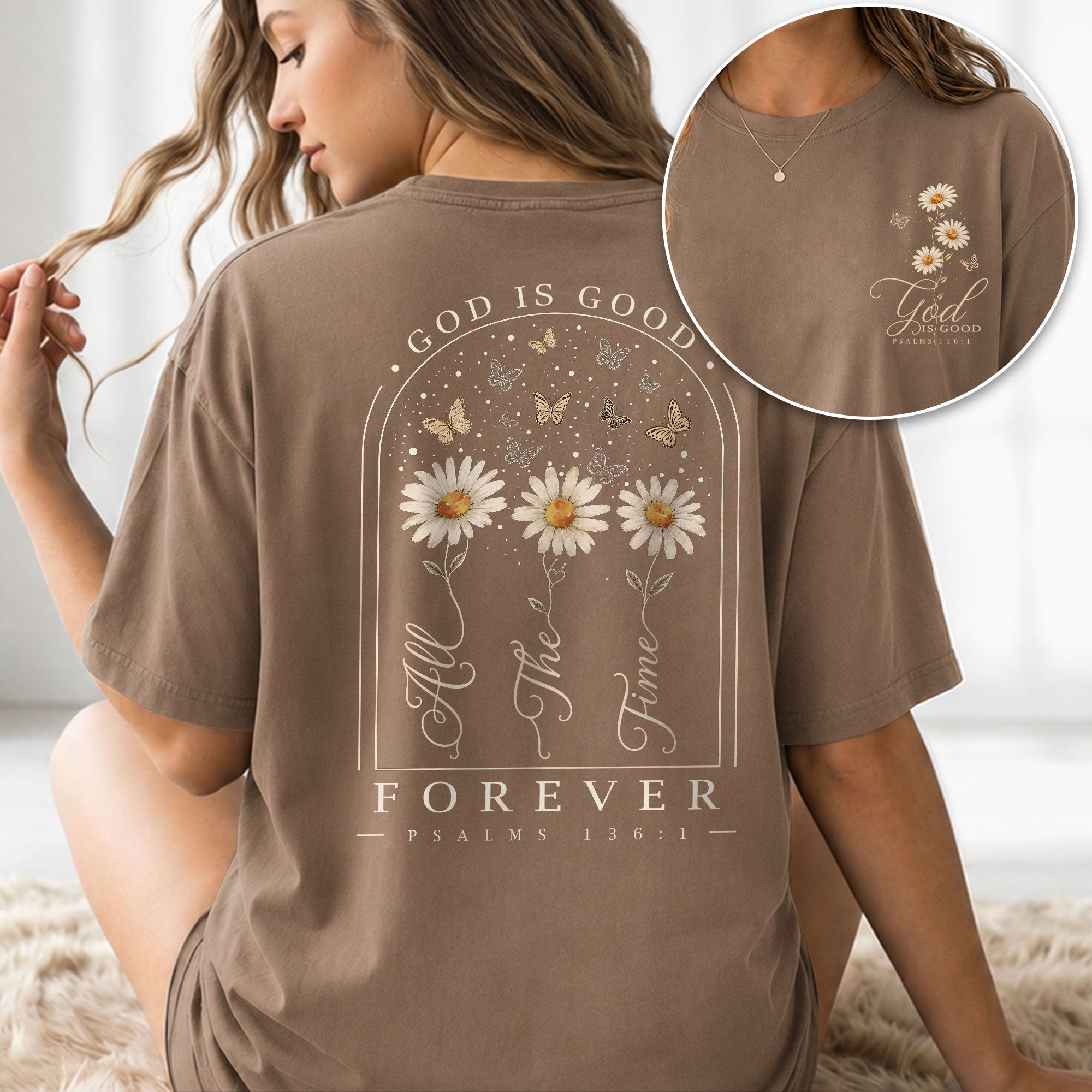God Is Good Shirt Women Butterfly Daisy Christian T-Shirt Faith Psalms 136 Scripture Tee