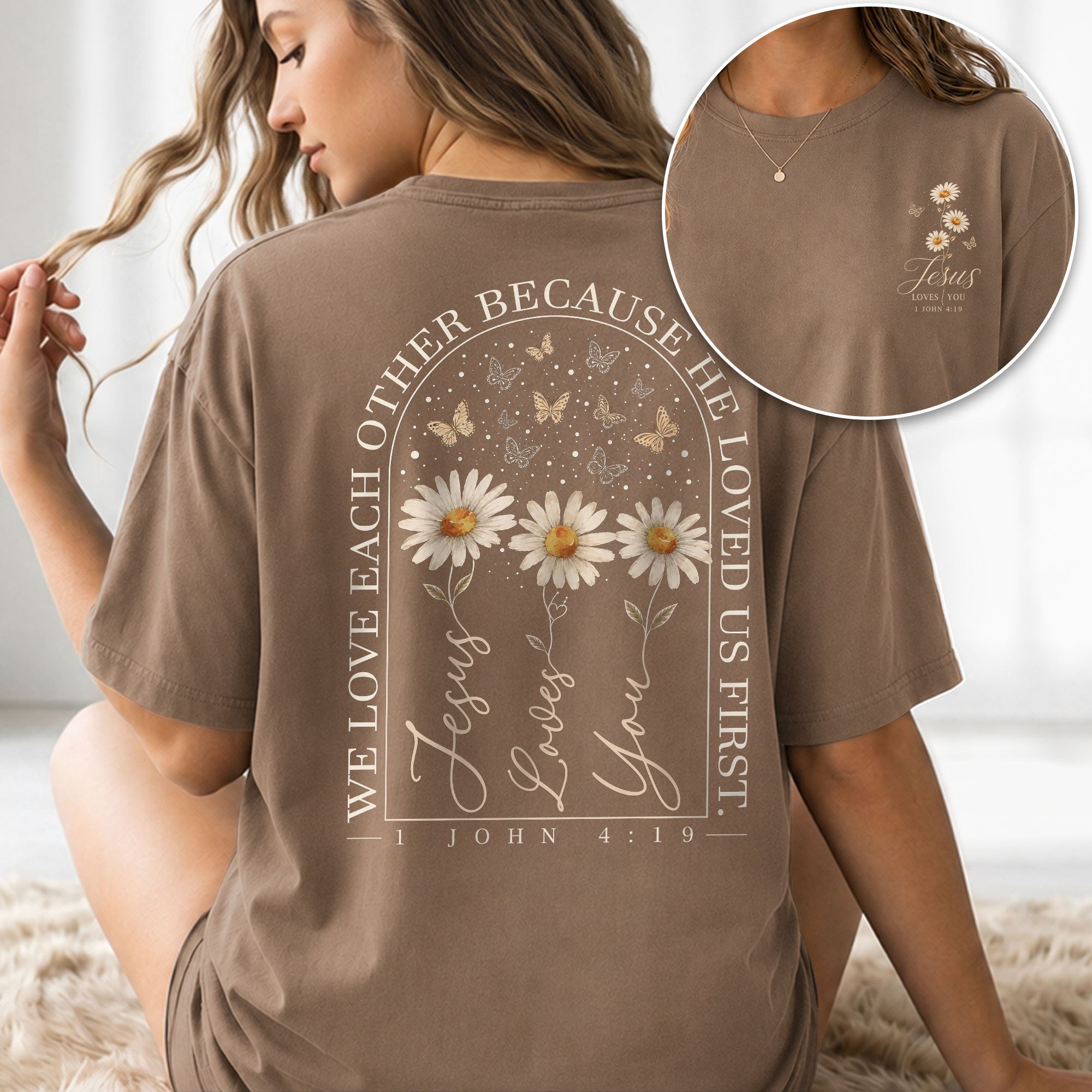 Jesus Loves You Daisy Butterfly Floral Christian Graphic Casual Basic Tee Shirt Women