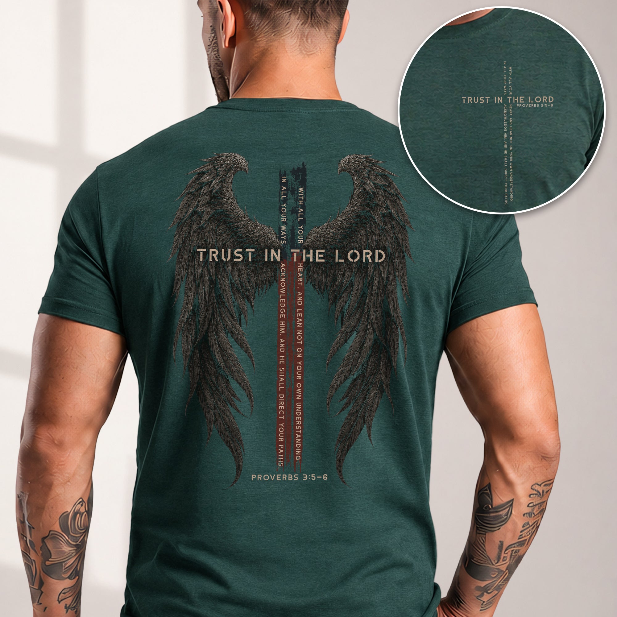 Trust In The Lord Shirt Christian Cross Wings Proverbs 3 5 6 Bible Verse Graphic Tee - Rust Field Wear