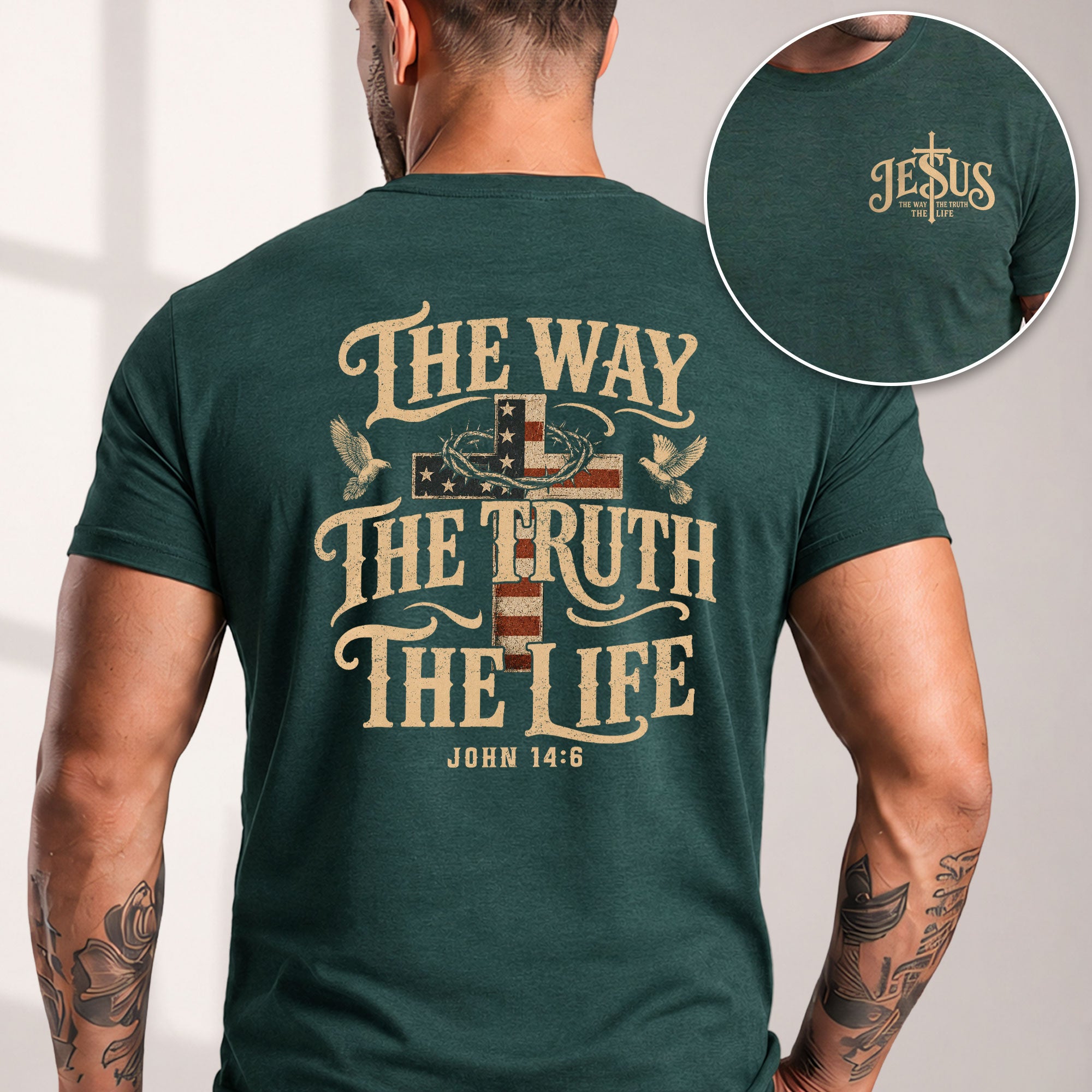 The Way The Truth The Life John American Flag Cross Crown Of Thorns Graphic T Shirt Men