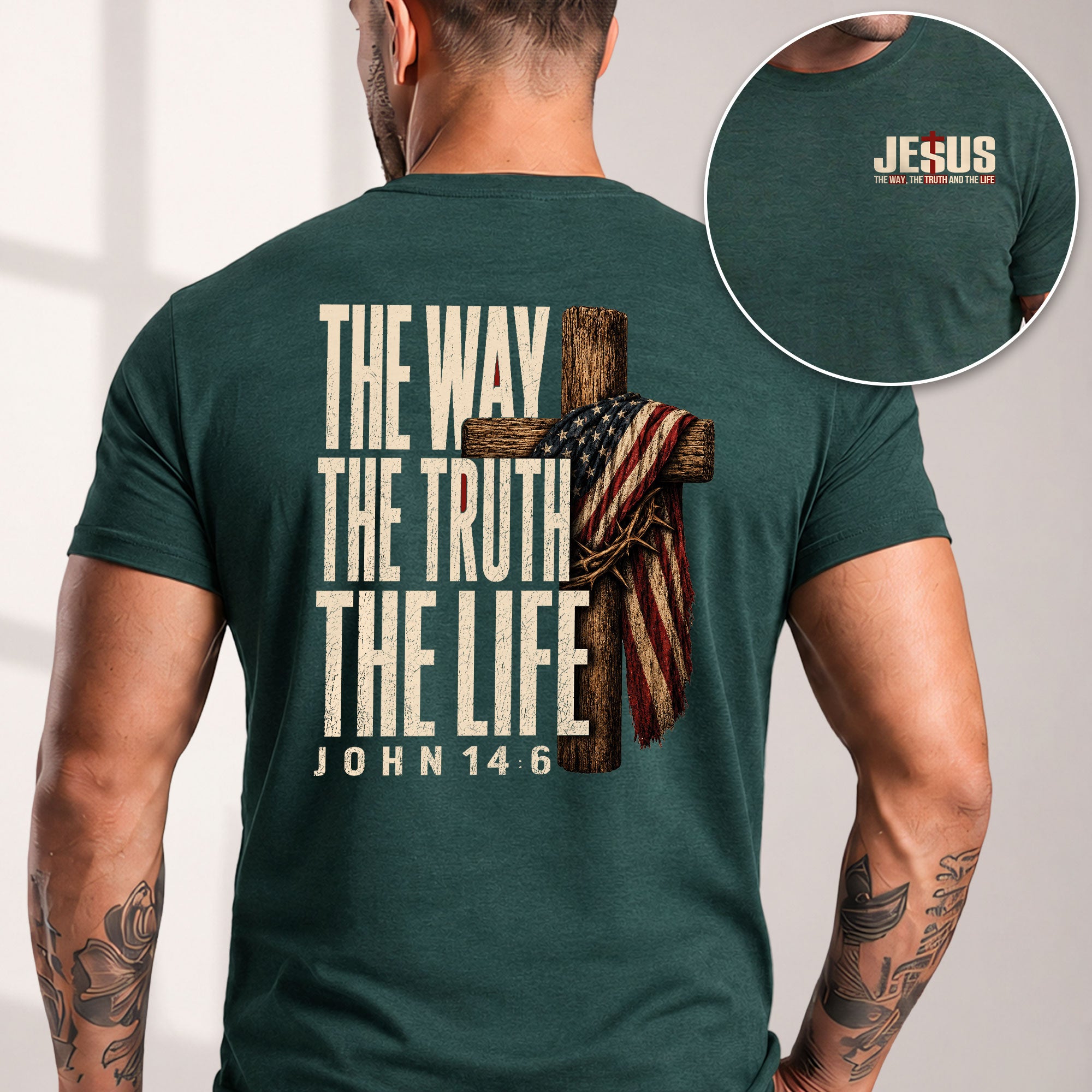 The Way The Truth The Life Christian T Shirt with American Flag Cross and Crown of Thorns