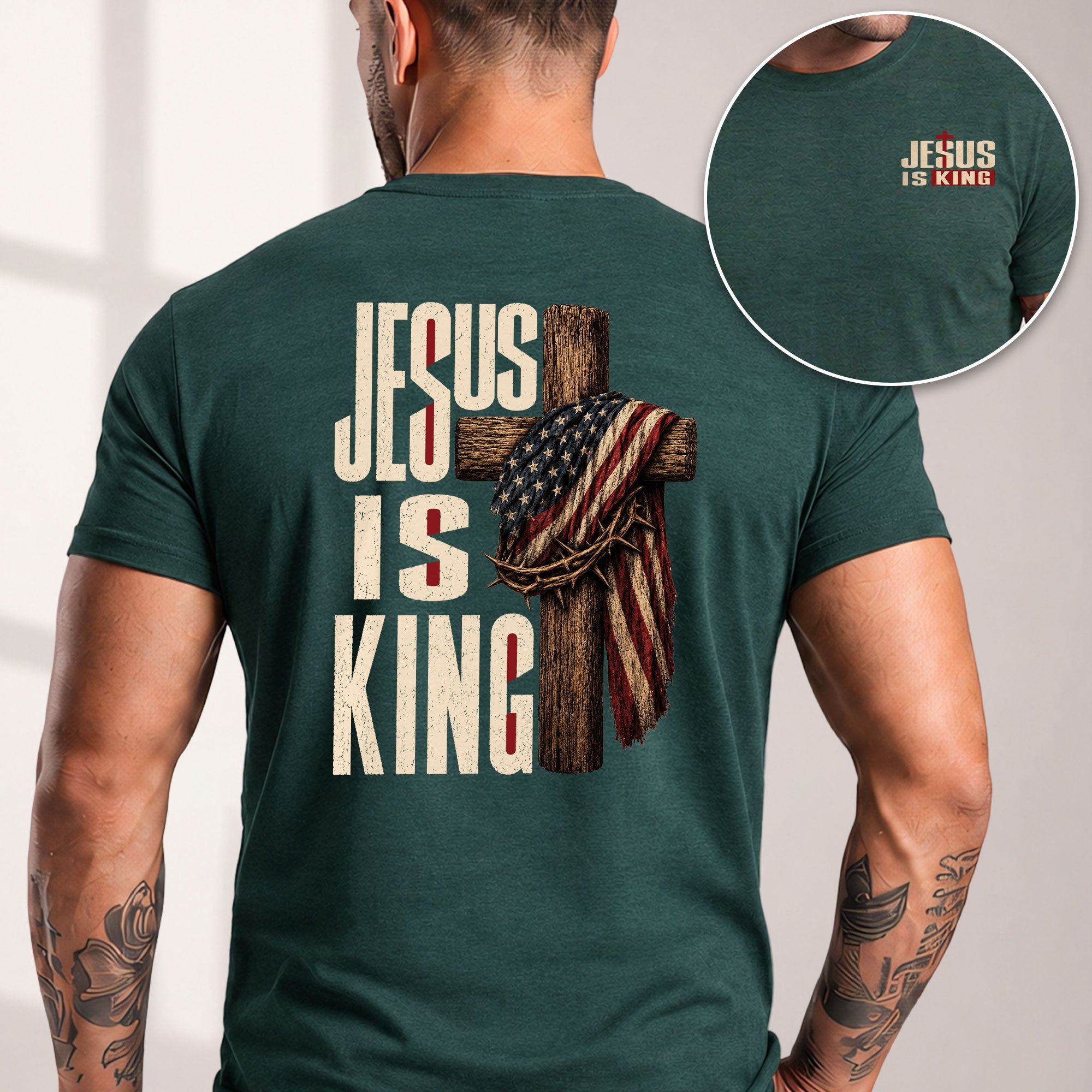 Jesus Is King Shirt Patriotic Christian Men Shirt Wooden Cross American Flag Crown Of Thorns