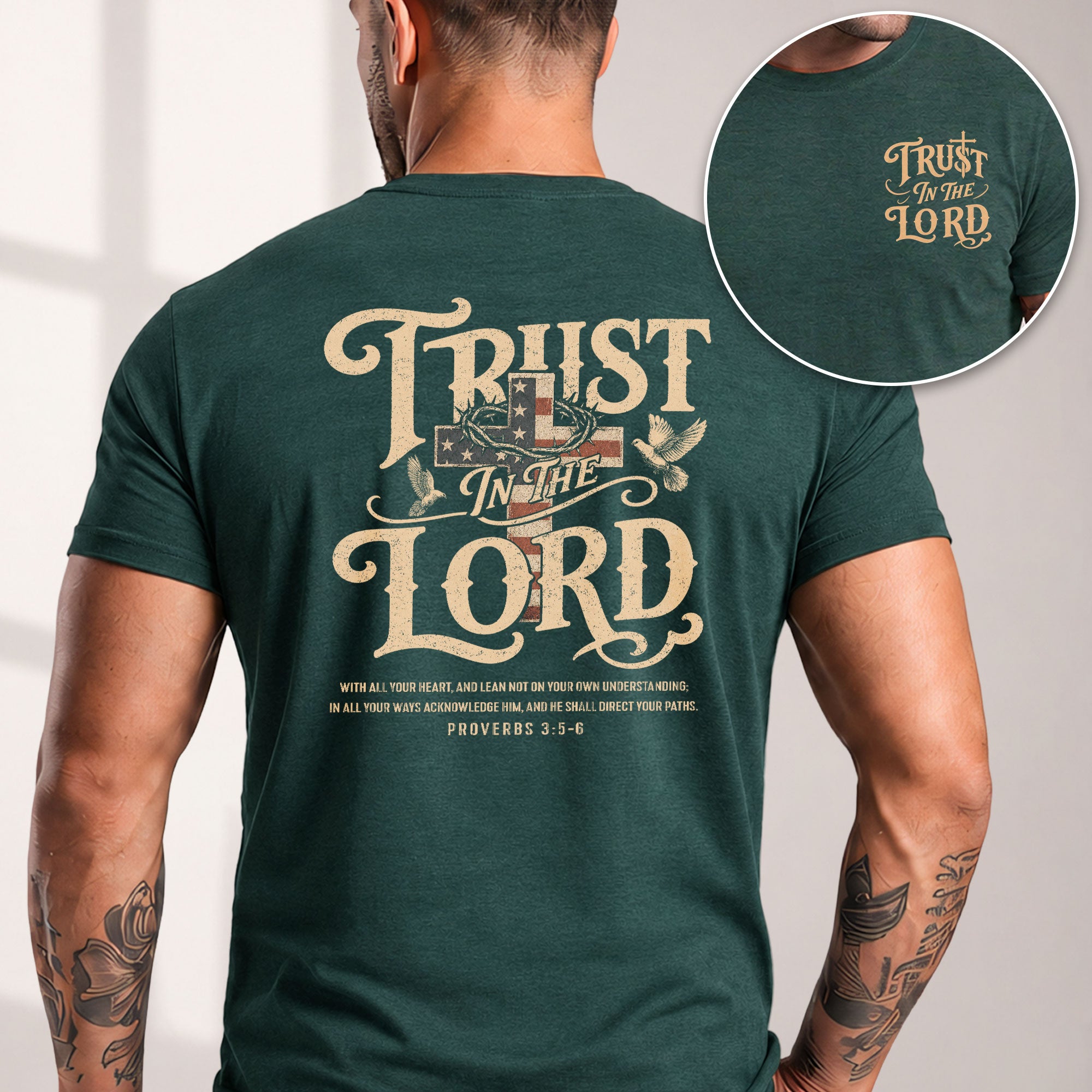 Trust In The Lord Proverbs American Flag Cross Doves Christian Graphic T Shirt Men