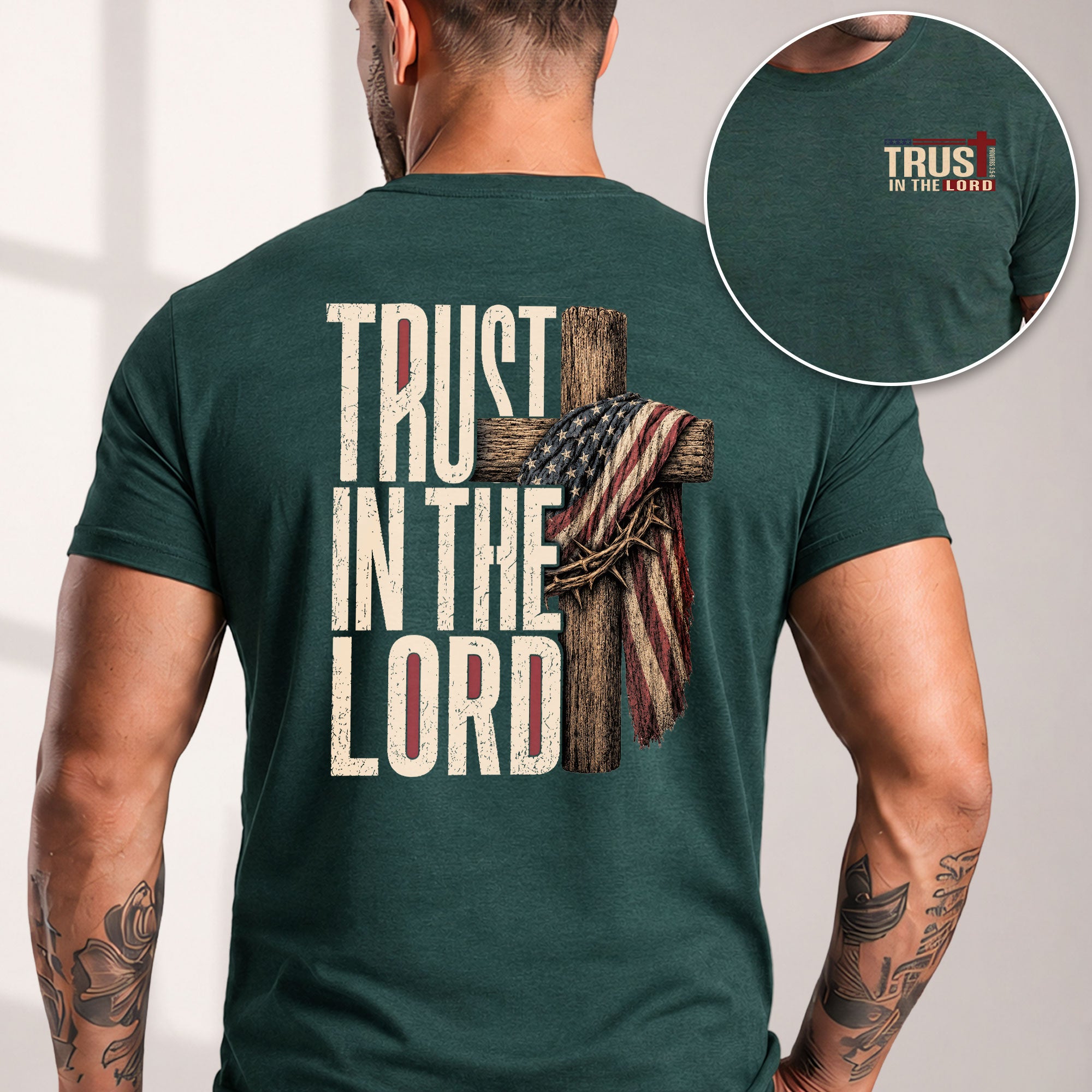 Trust In The Lord American Flag Cross Crown Of Thorns Christian Graphic T Shirt Men