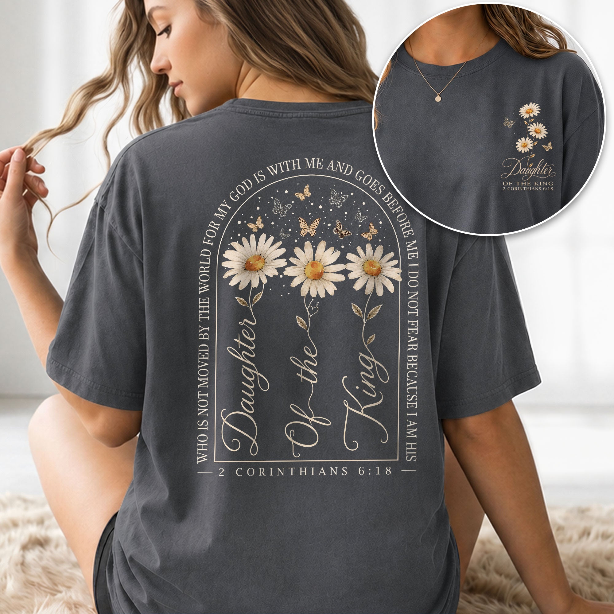 Daughter Of The King Daisy Butterfly Christian Graphic Everyday Tee Shirt For Women