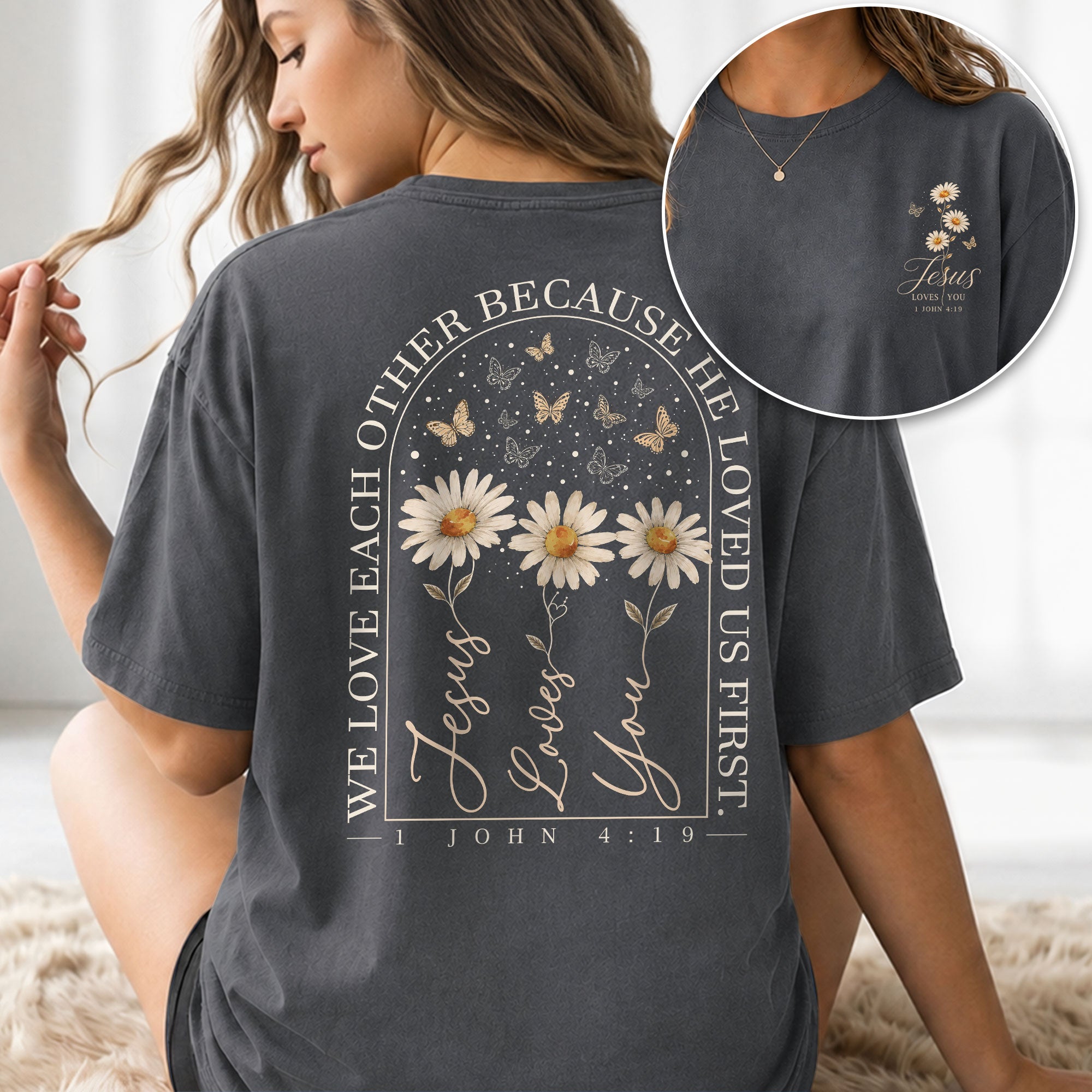 Jesus Loves You Daisy Butterfly Floral Christian Graphic Casual Basic Tee Shirt Women
