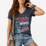 Red White & 250 Patriotic V-Neck T-Shirt for Women Vintage USA Graphic Tee