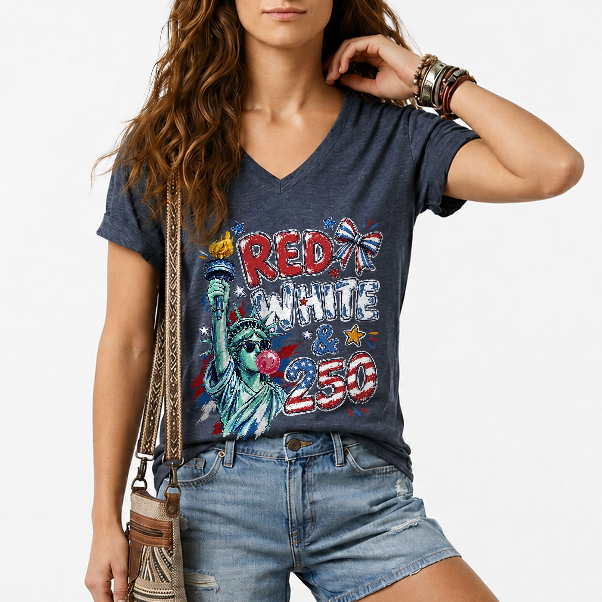 Red White & 250 Patriotic V-Neck T-Shirt for Women Vintage USA Graphic Tee