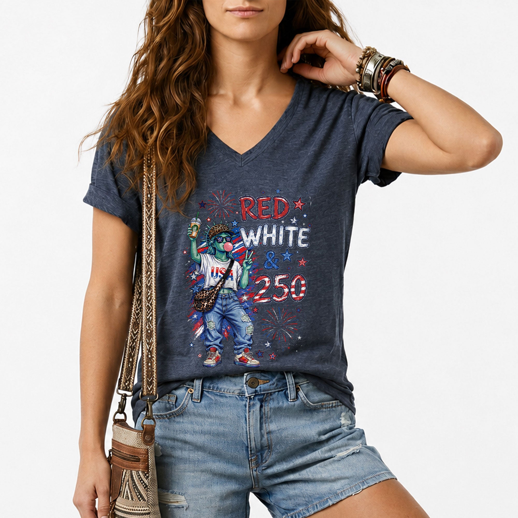 Red White & 250 Patriotic Lady Liberty Street Style V-Neck T-Shirt – America 250 Celebration Tee