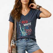 Red White & 250 Retro Lady Liberty Patriotic V-Neck T-Shirt – USA 250th Anniversary Graphic Tee