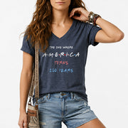 Women V Neck T Shirt America Turns 250 Years Patriotic Friends Font Graphic Tee