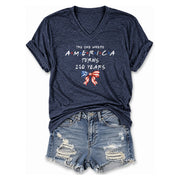 Women V Neck T Shirt America Turns 250 Years Patriotic Coquette Flag Bow Graphic Tee