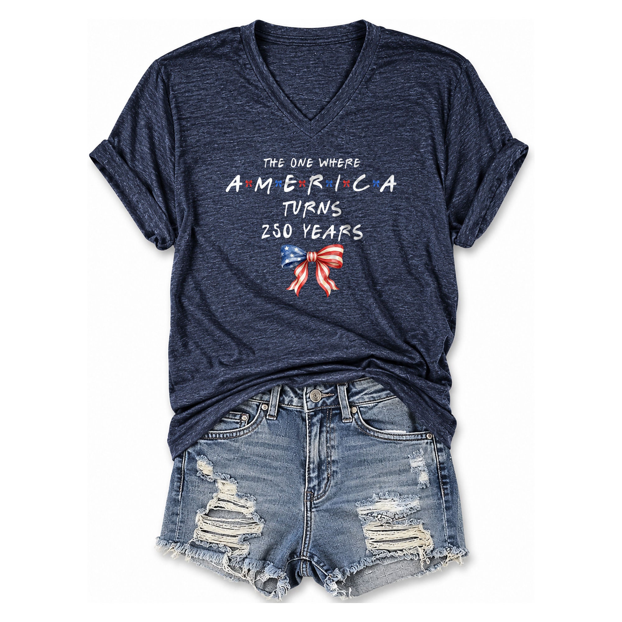 Women V Neck T Shirt America Turns 250 Years Patriotic Coquette Flag Bow Graphic Tee