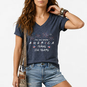 Women V Neck T Shirt America Turns 250 Years Patriotic Fireworks Friends Font Tee