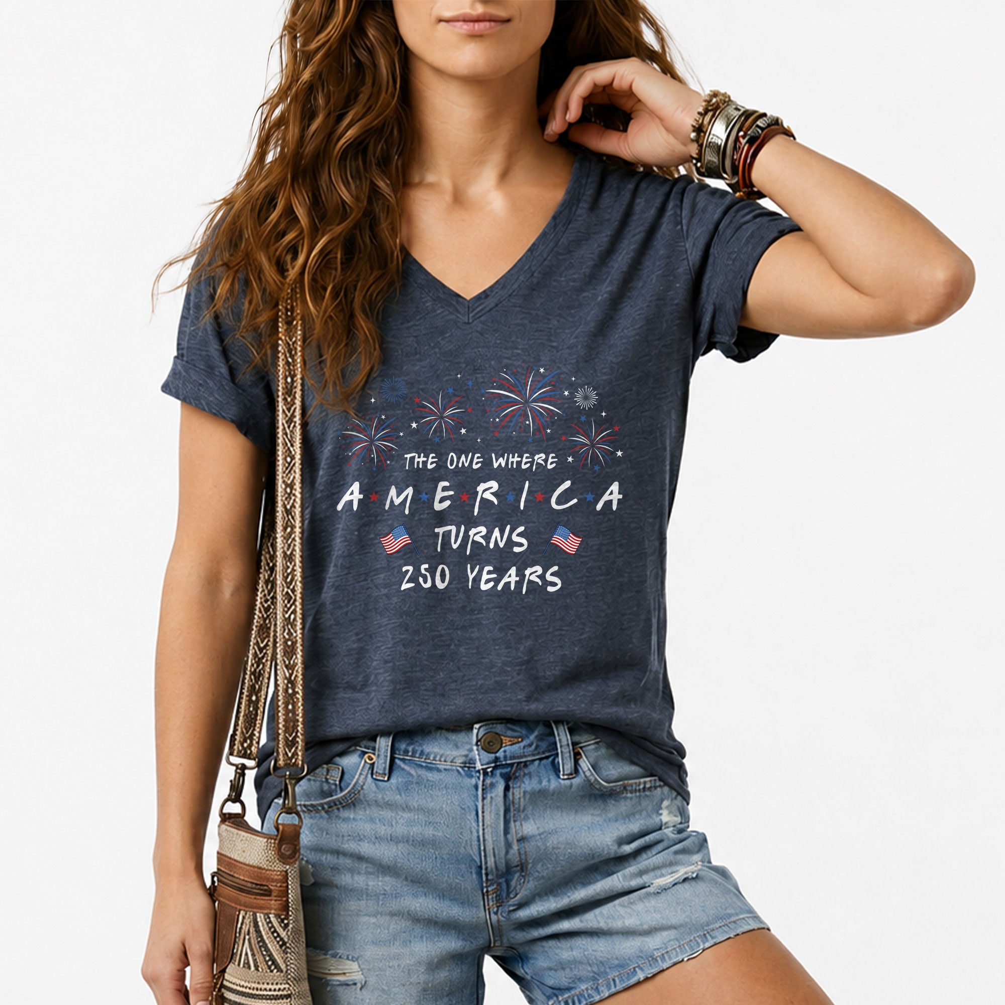 Women V Neck T Shirt America Turns 250 Years Patriotic Fireworks Friends Font Tee