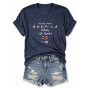 250 Years America Turns Friends Font Women V Neck T Shirt Patriotic Cherries Graphic Top