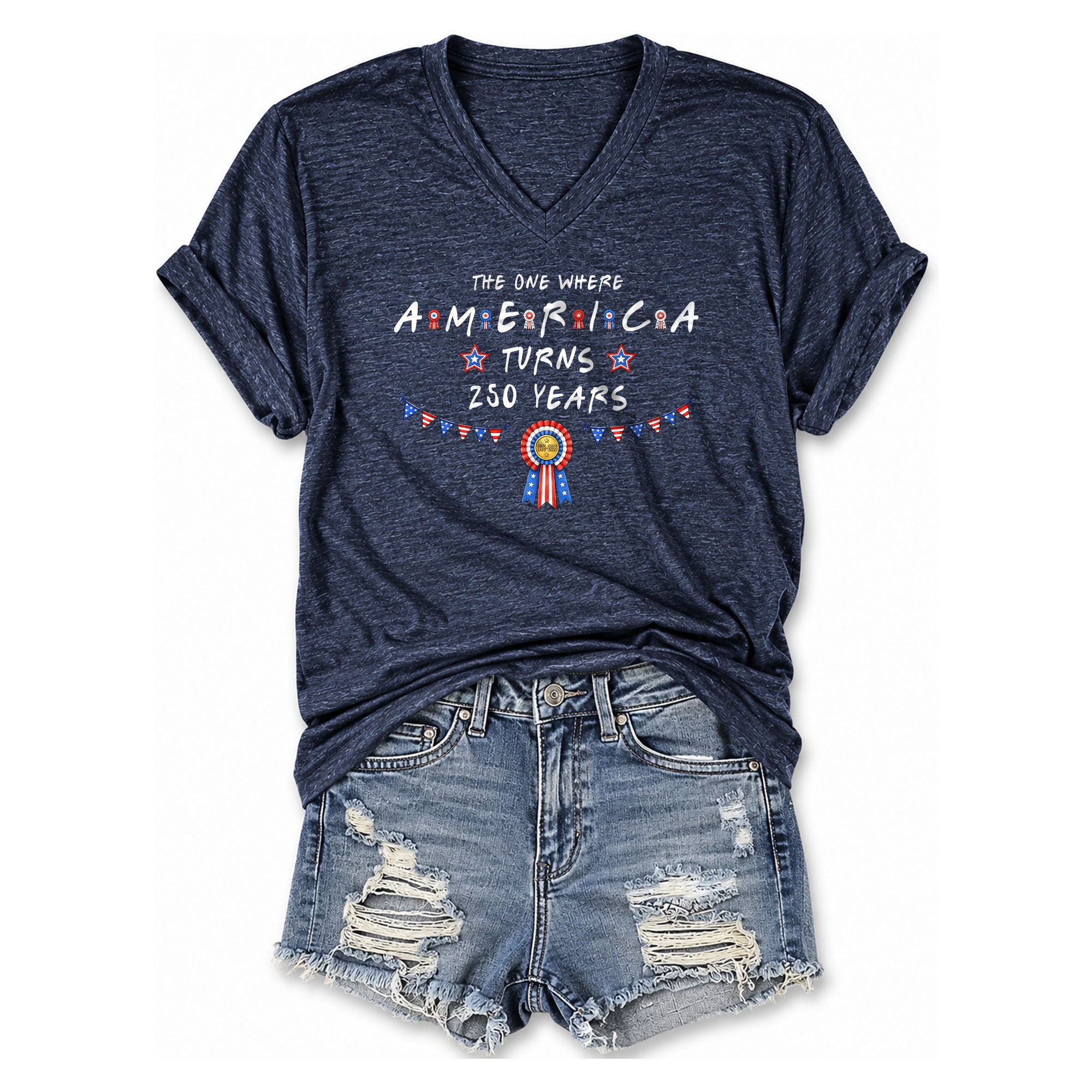 Patriotic Ribbon Bunting America Turns 250 Years Women V Neck T Shirt Heather Navy Tee